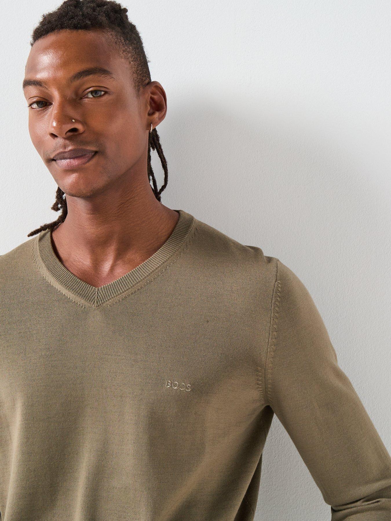  image of boss-baram-l-regular-fit-v-neck-wool-knitted-jumper-brown