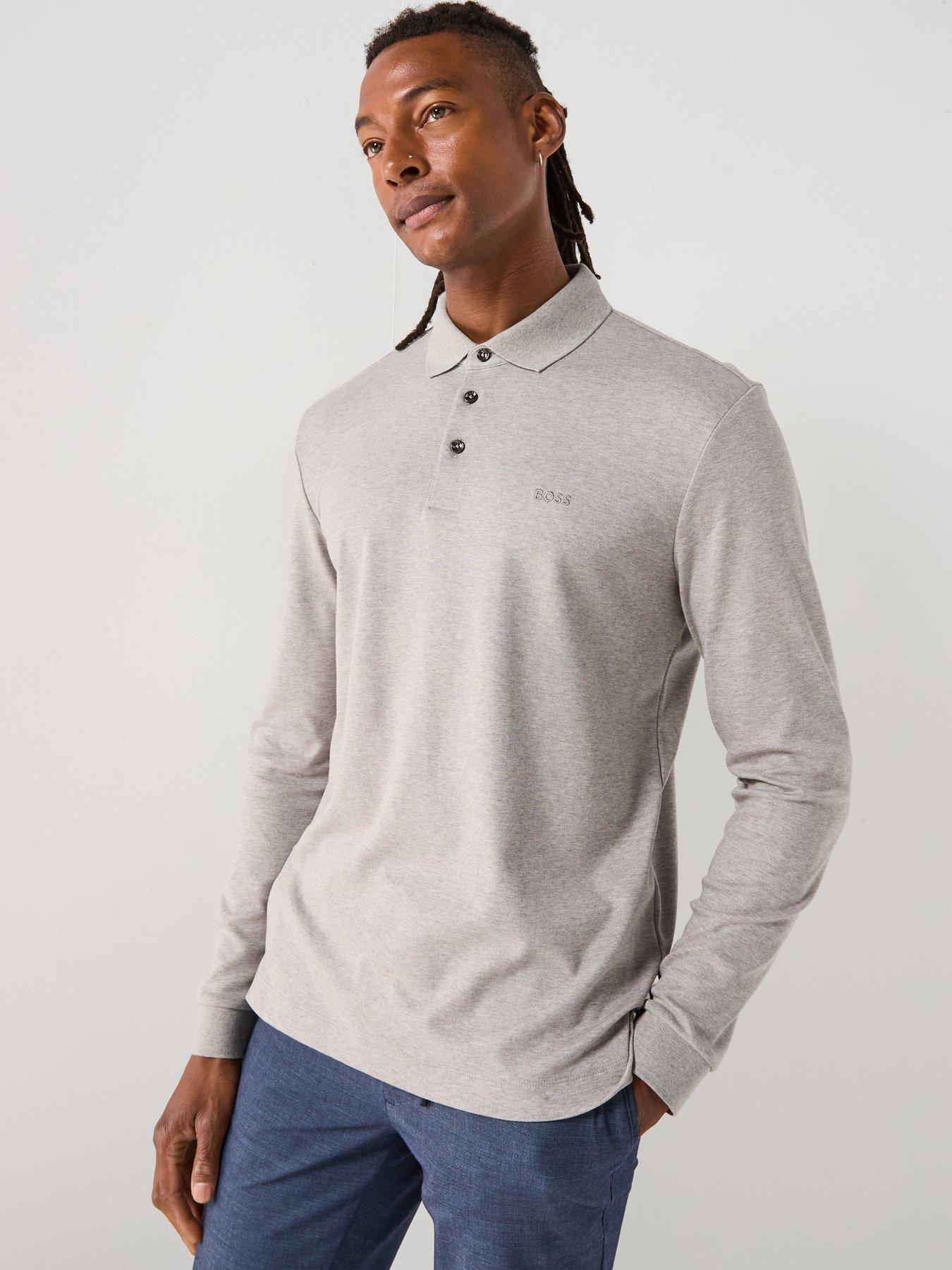 Image 1 of 4 of BOSS Pado 30 Long Sleeve Pique Polo Shirt - Silver