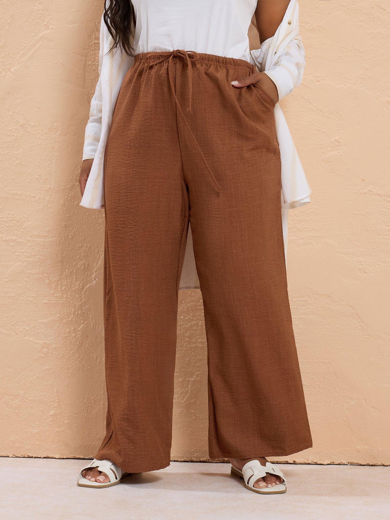 front image of yours-curve-linen-look-tie-waist-trouser-brown