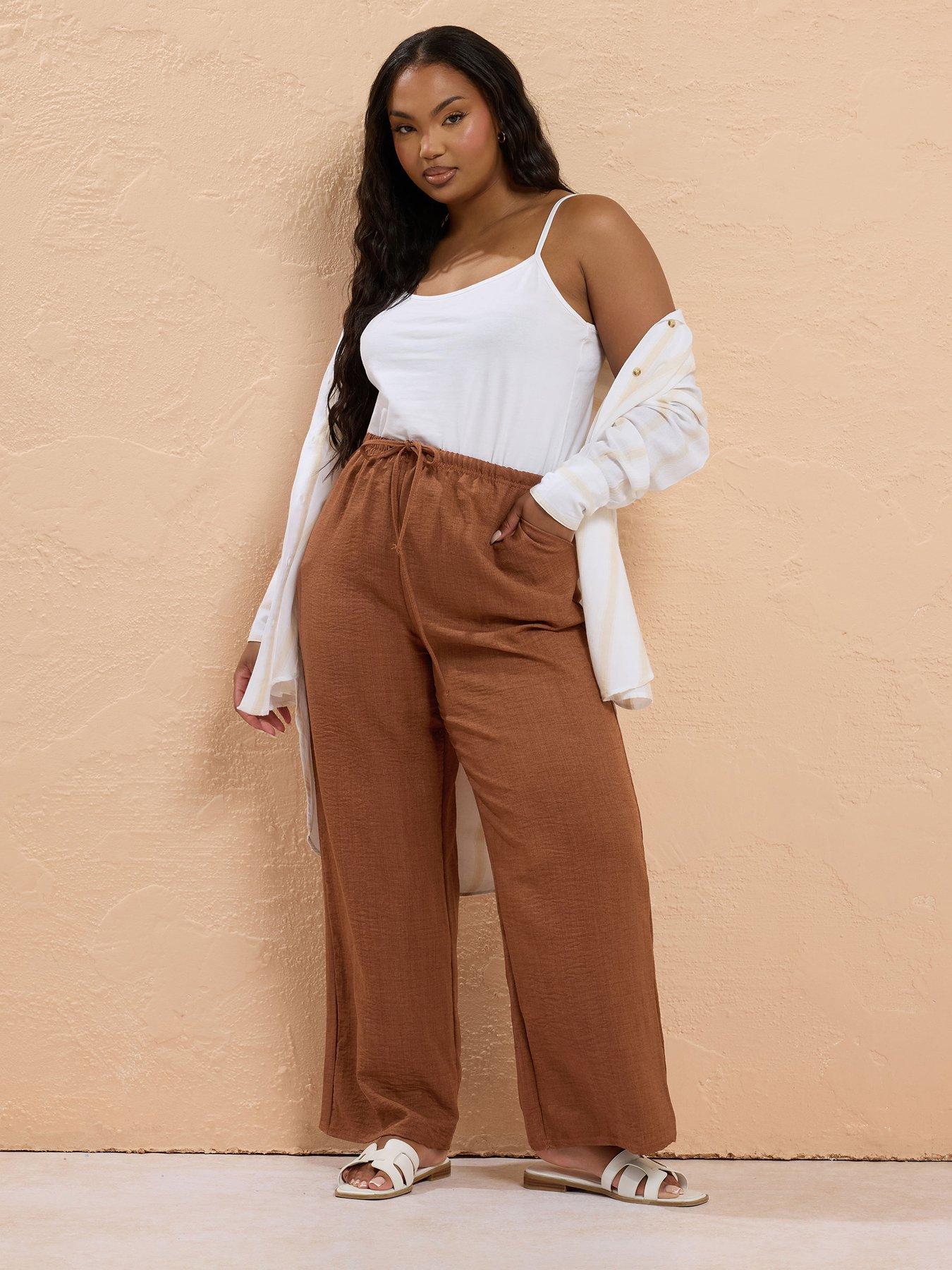  image of yours-curve-linen-look-tie-waist-trouser-brown