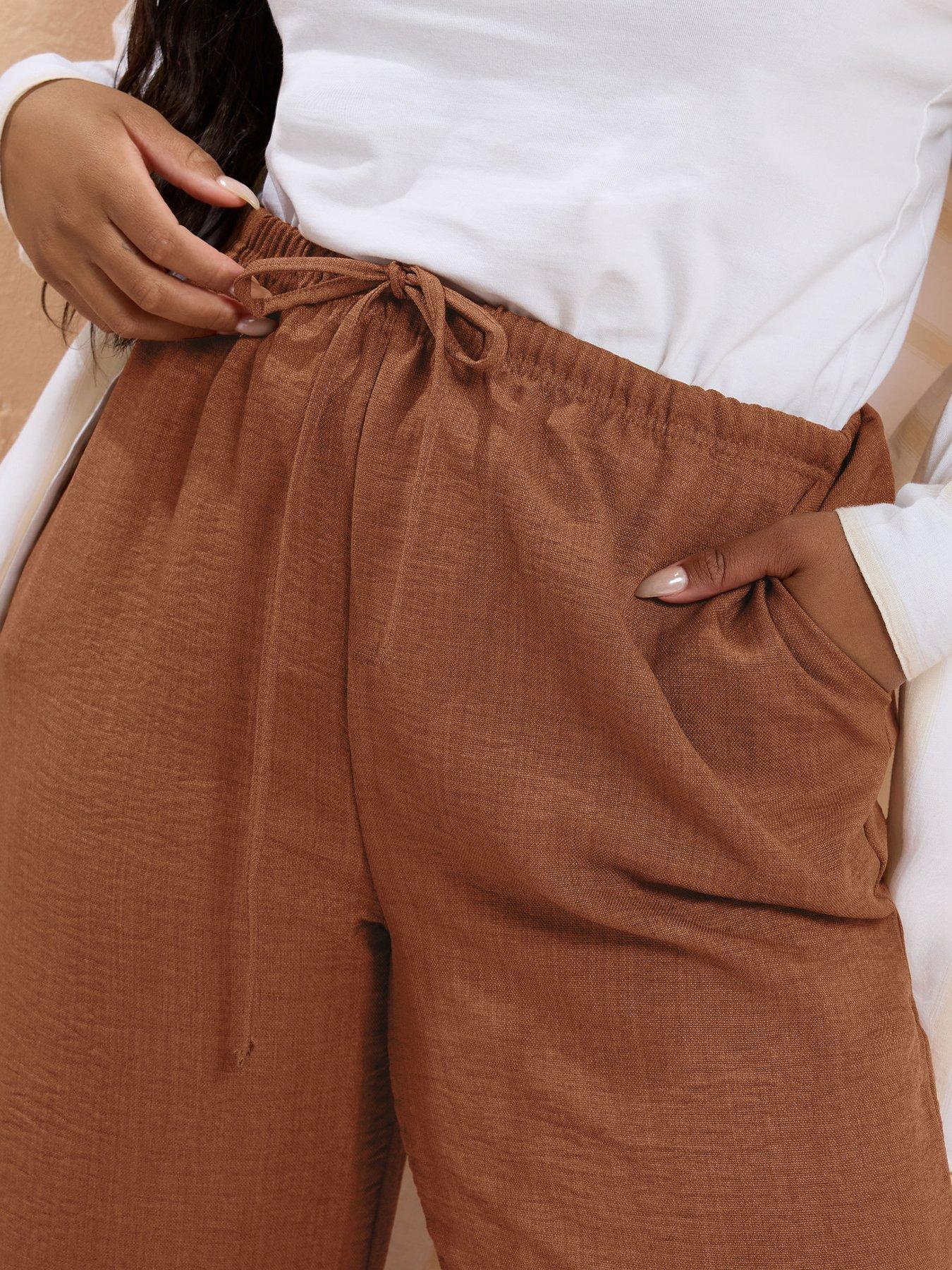  image of yours-curve-linen-look-tie-waist-trouser-brown