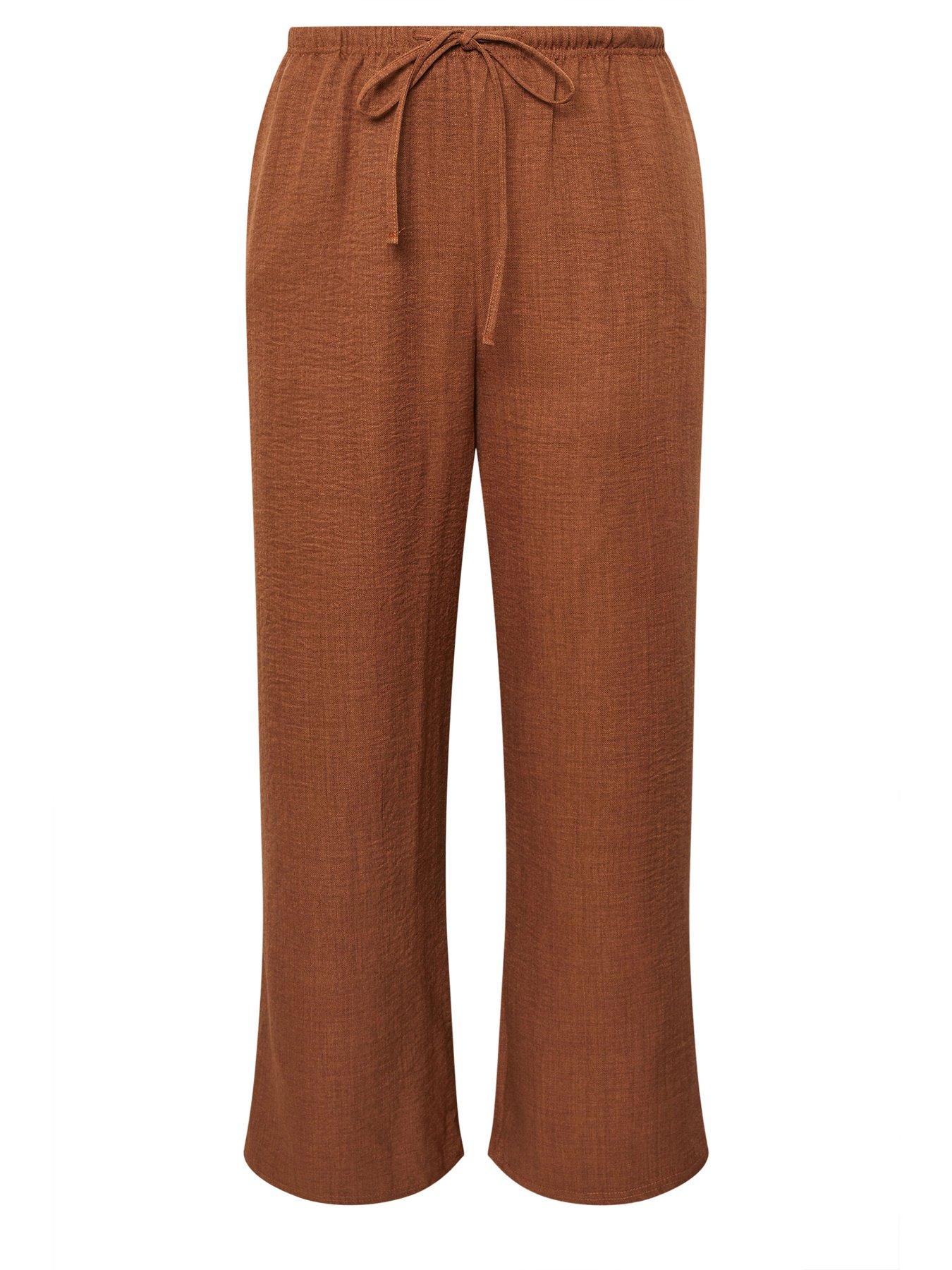  image of yours-curve-linen-look-tie-waist-trouser-brown
