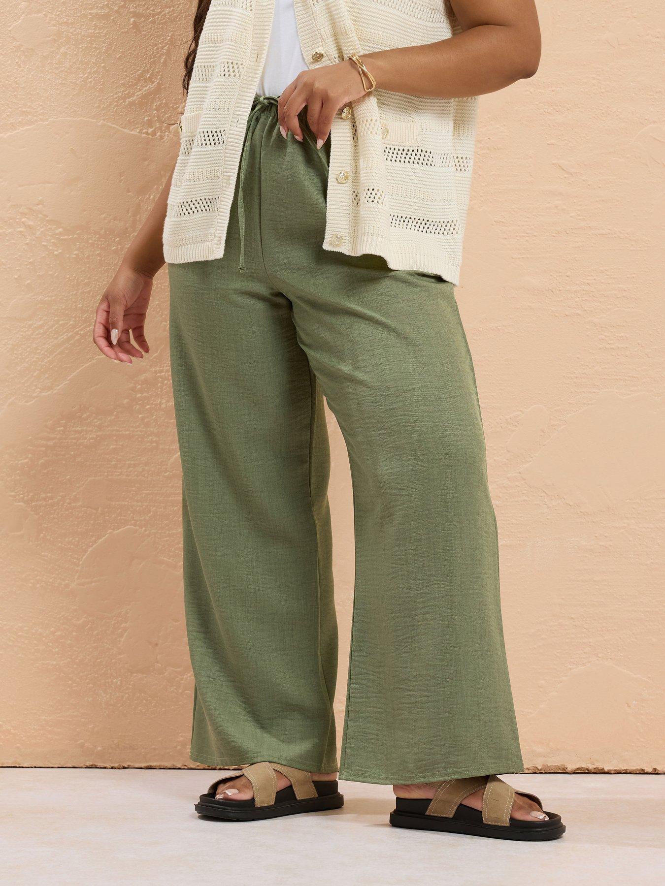 undefined Curve Linen Look Tie Waist Trouser - Green
