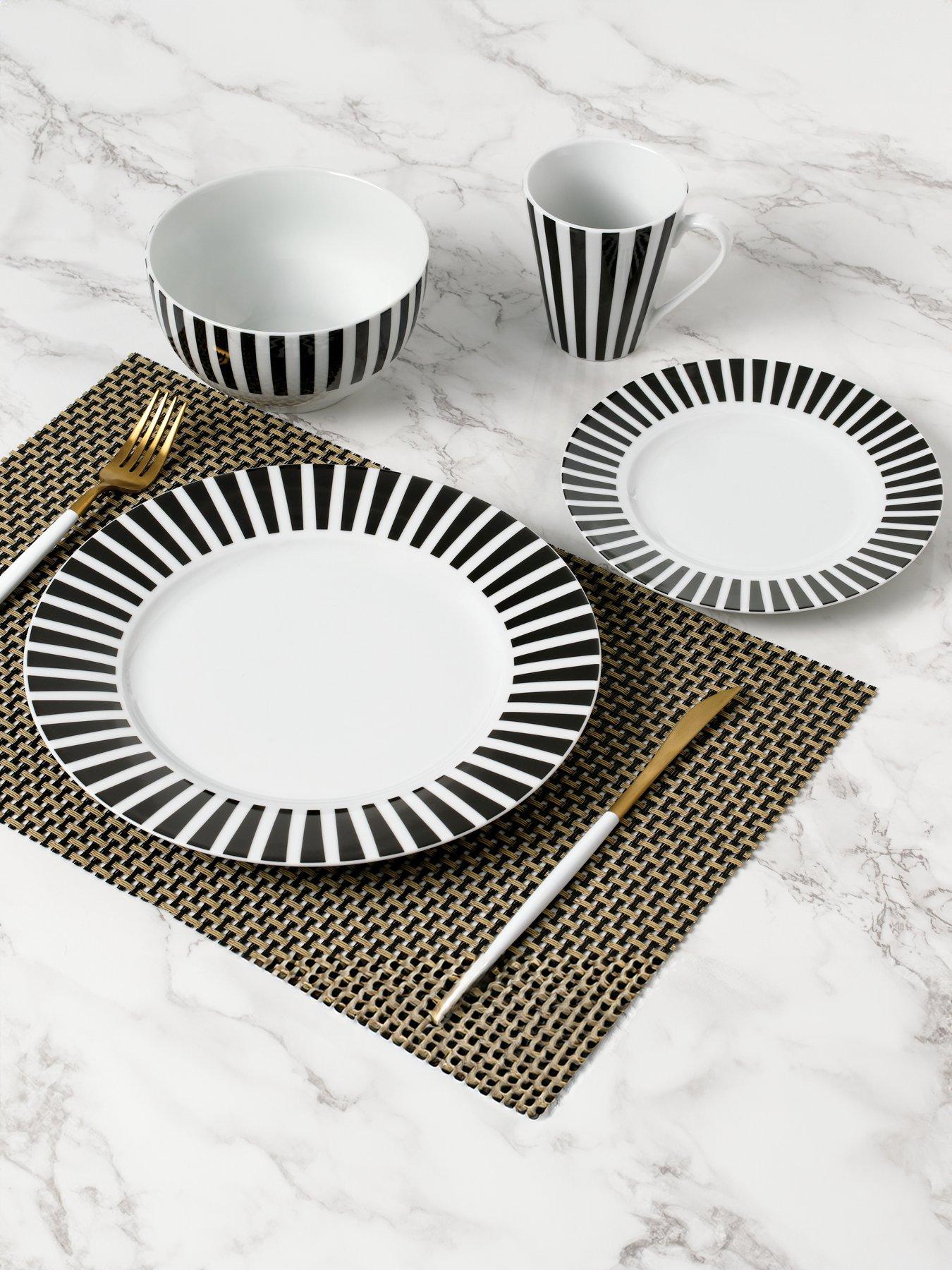 Image 1 of 7 of WATERSIDE 24-Piece Split Stripe Dinner Service Set in Black