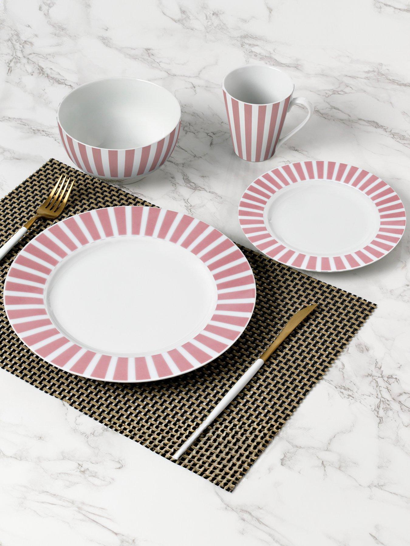 Image 1 of 7 of WATERSIDE 24-Piece Split Stripe Dinner Service Set in Pink