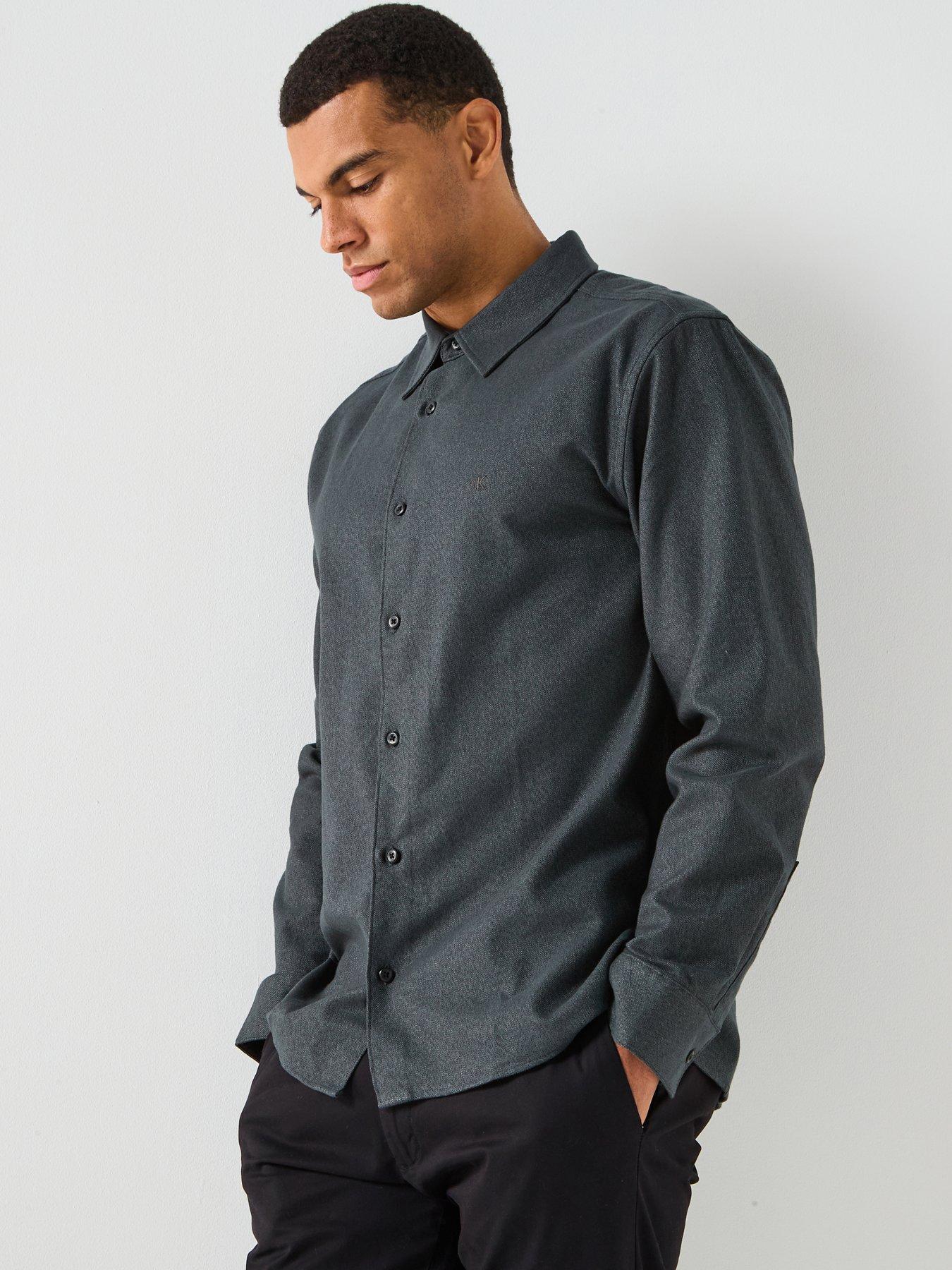 front image of calvin-klein-long-sleeve-melange-flannel-easy-fit-shirt-black