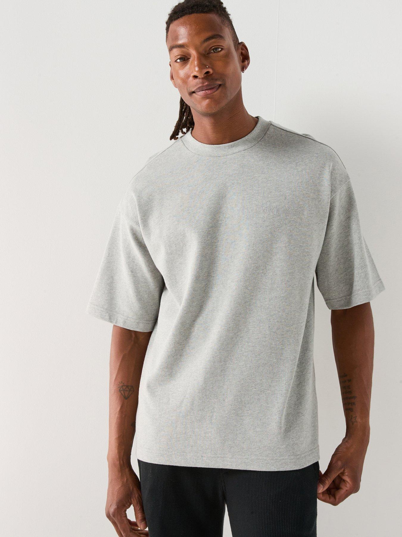 front image of calvin-klein-loungewear-central-logo-t-shirt-grey