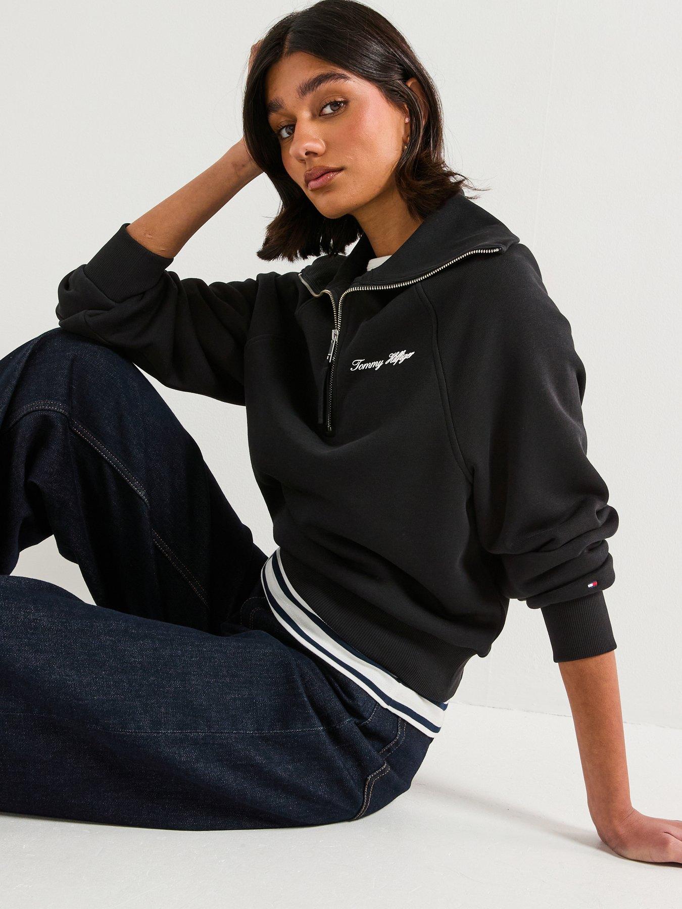 Image 1 of 6 of Tommy Hilfiger Classic Script Fleece Half-Zip Sweater - Black