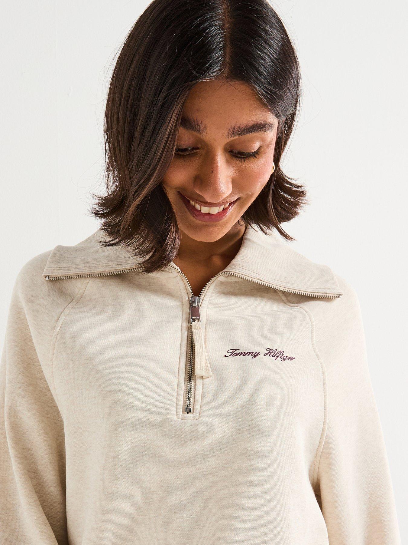 Image 4 of 6 of Tommy Hilfiger Classic Script Fleece Half-Zip Sweater - Beige