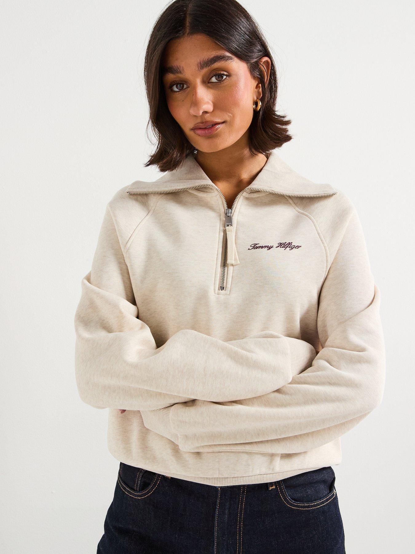 Image 5 of 6 of Tommy Hilfiger Classic Script Fleece Half-Zip Sweater - Beige