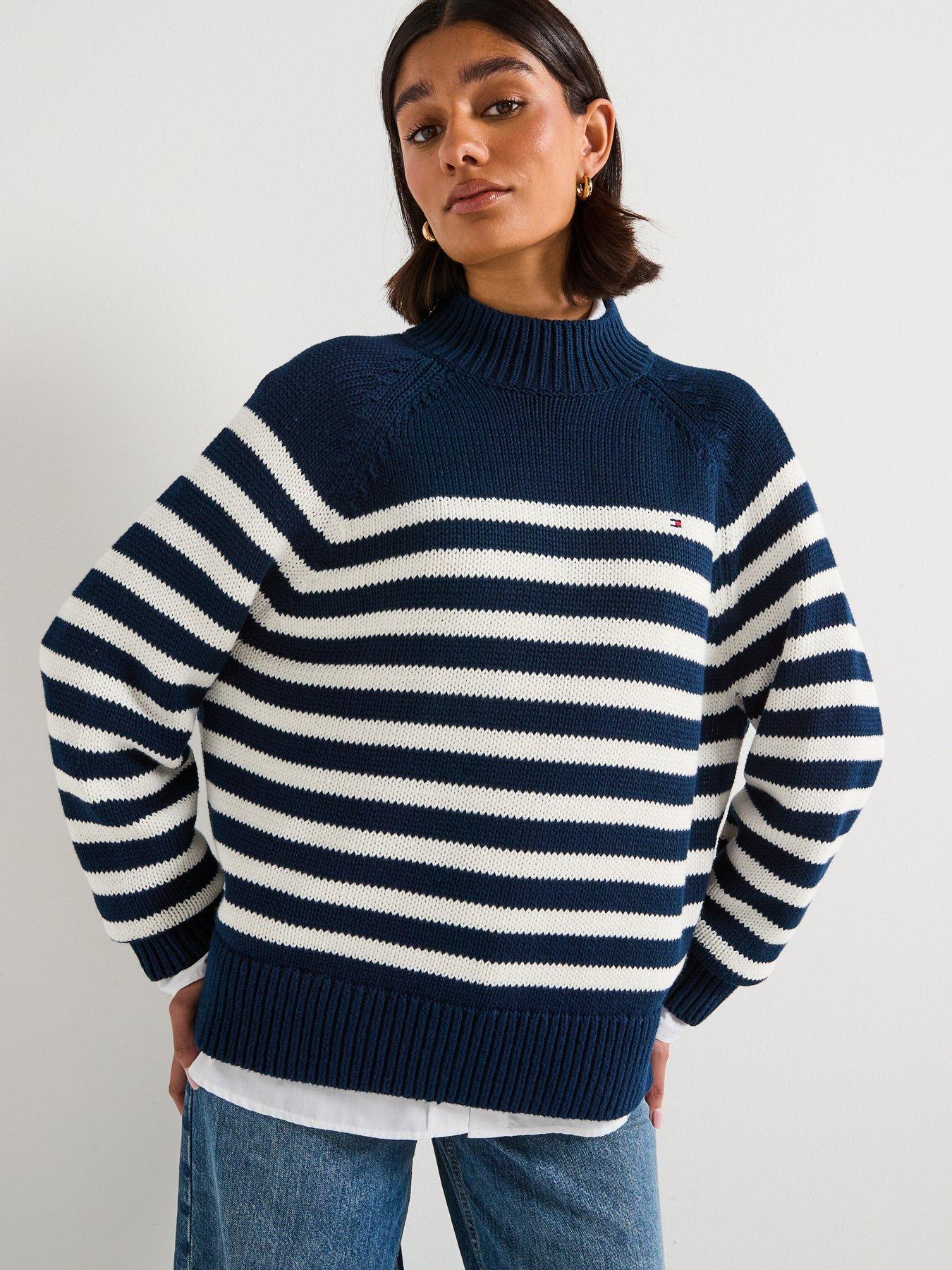 Image 1 of 6 of Tommy Hilfiger Stripped High Neck Jumper - Blue