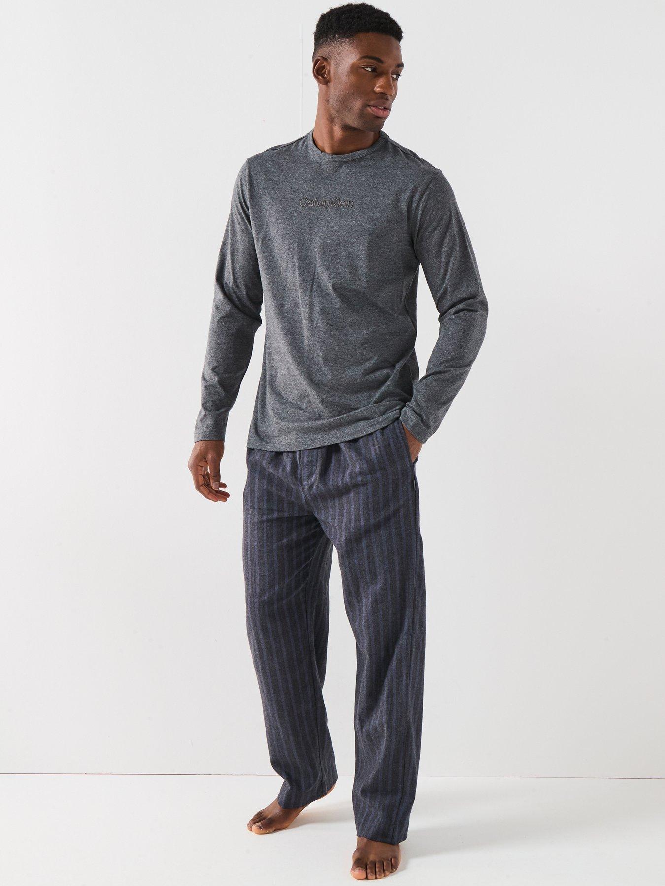Image 1 of 6 of Calvin Klein Loungewear Long Sleeve T-Shirt Striped Pyjama Set - Grey