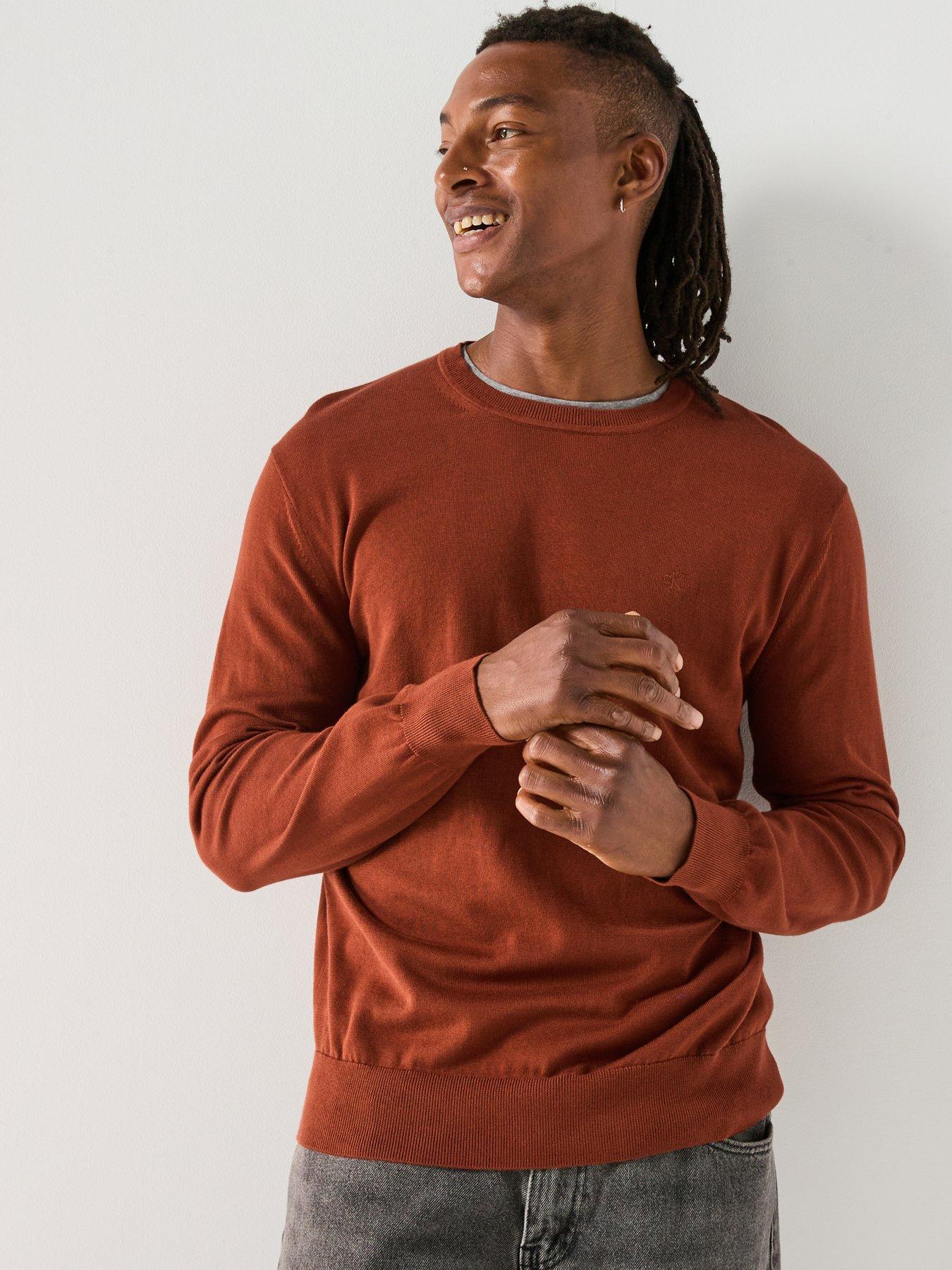  image of calvin-klein-supima-cotton-crew-neck-knitted-jumper-brown