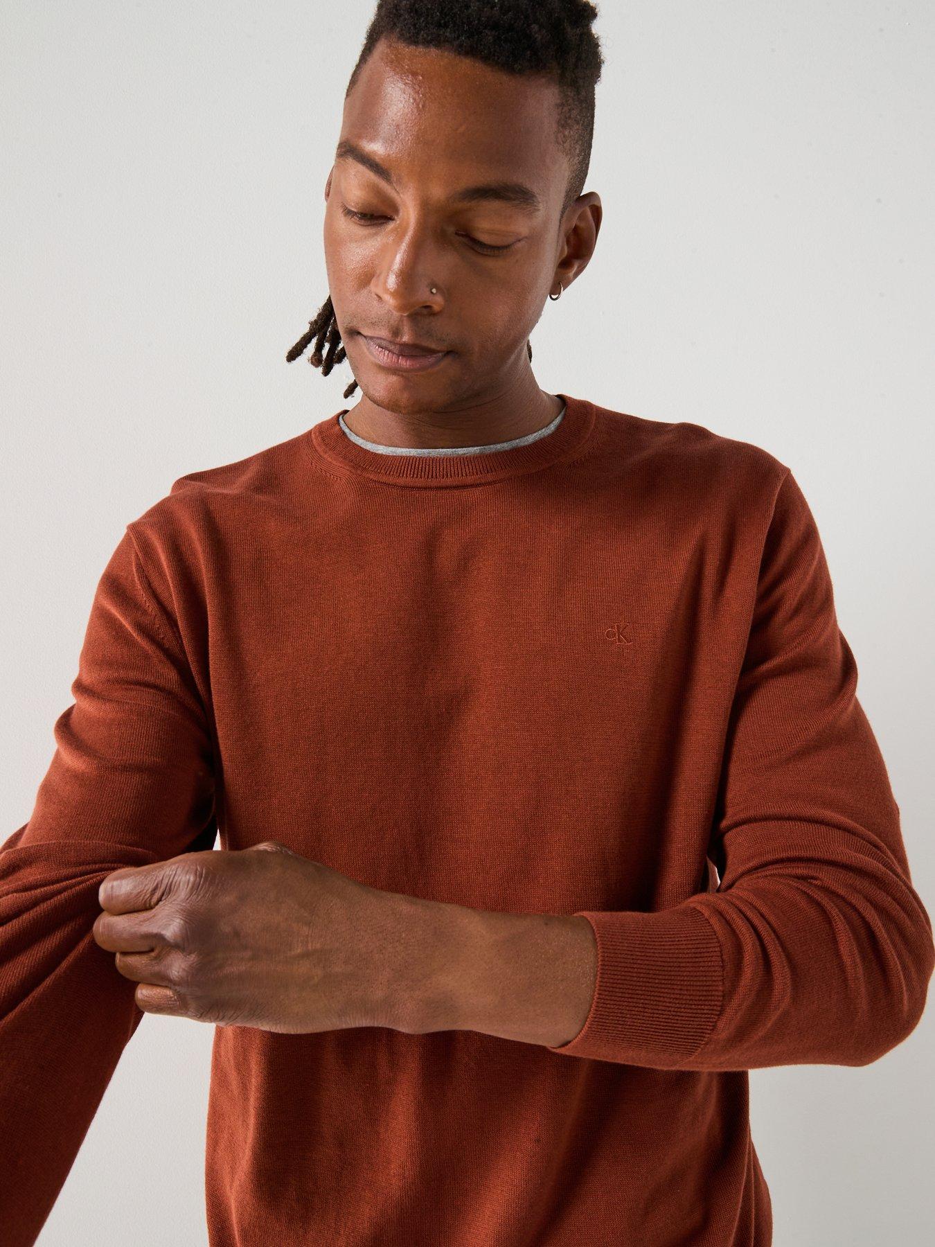  image of calvin-klein-supima-cotton-crew-neck-knitted-jumper-brown