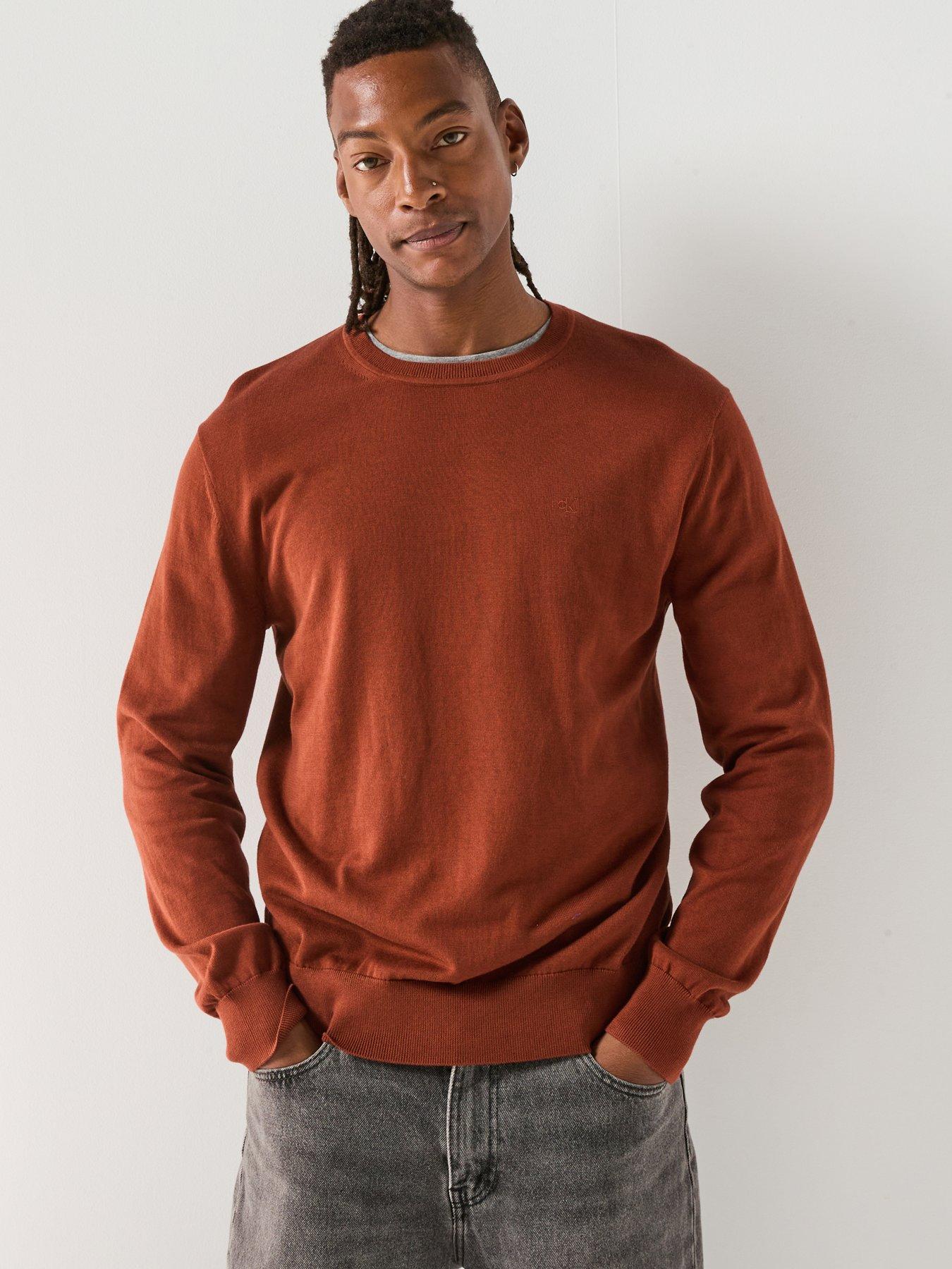  image of calvin-klein-supima-cotton-crew-neck-knitted-jumper-brown