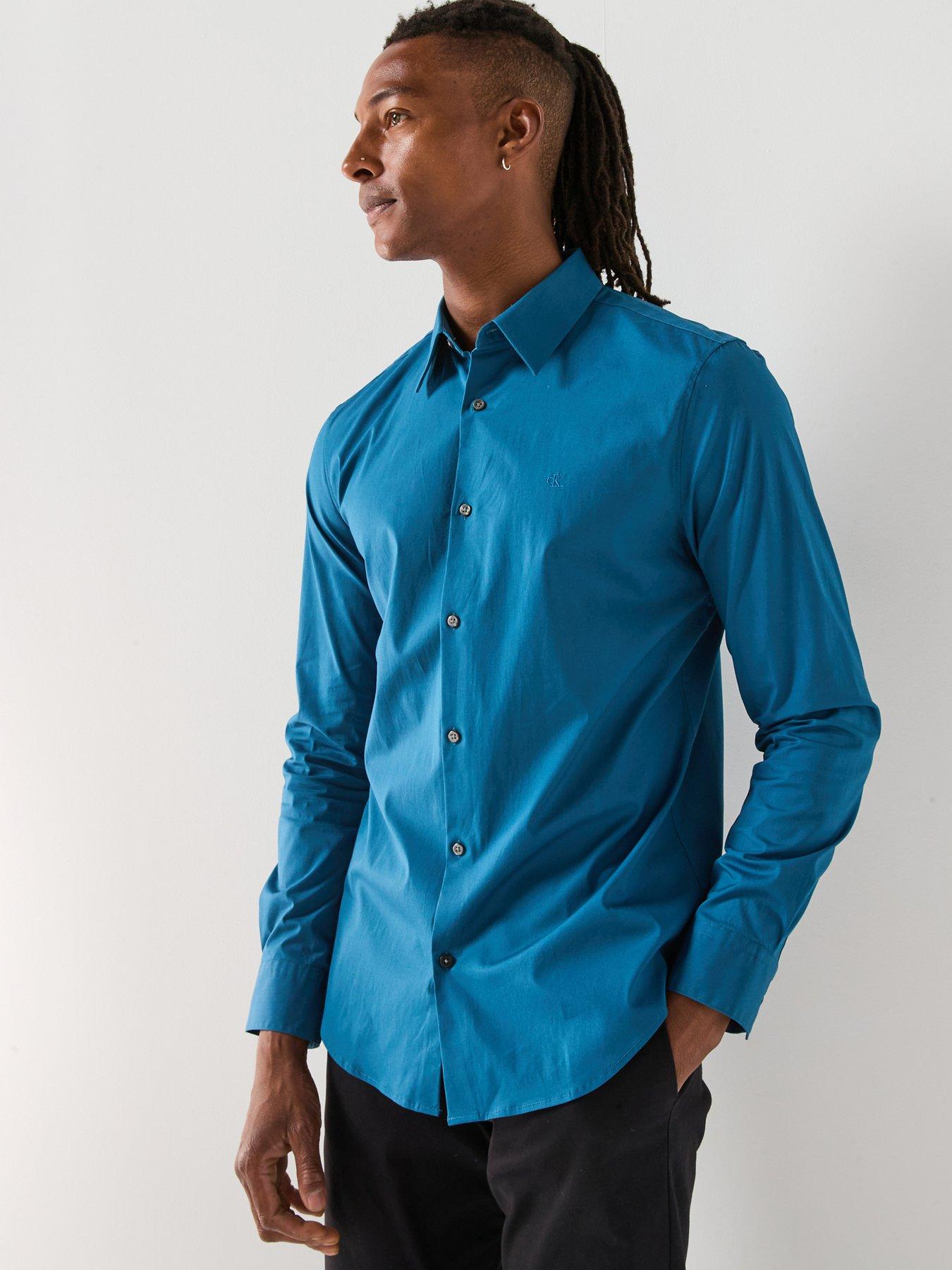  image of calvin-klein-long-sleeve-solid-stretch-slim-fit-shirt-blue