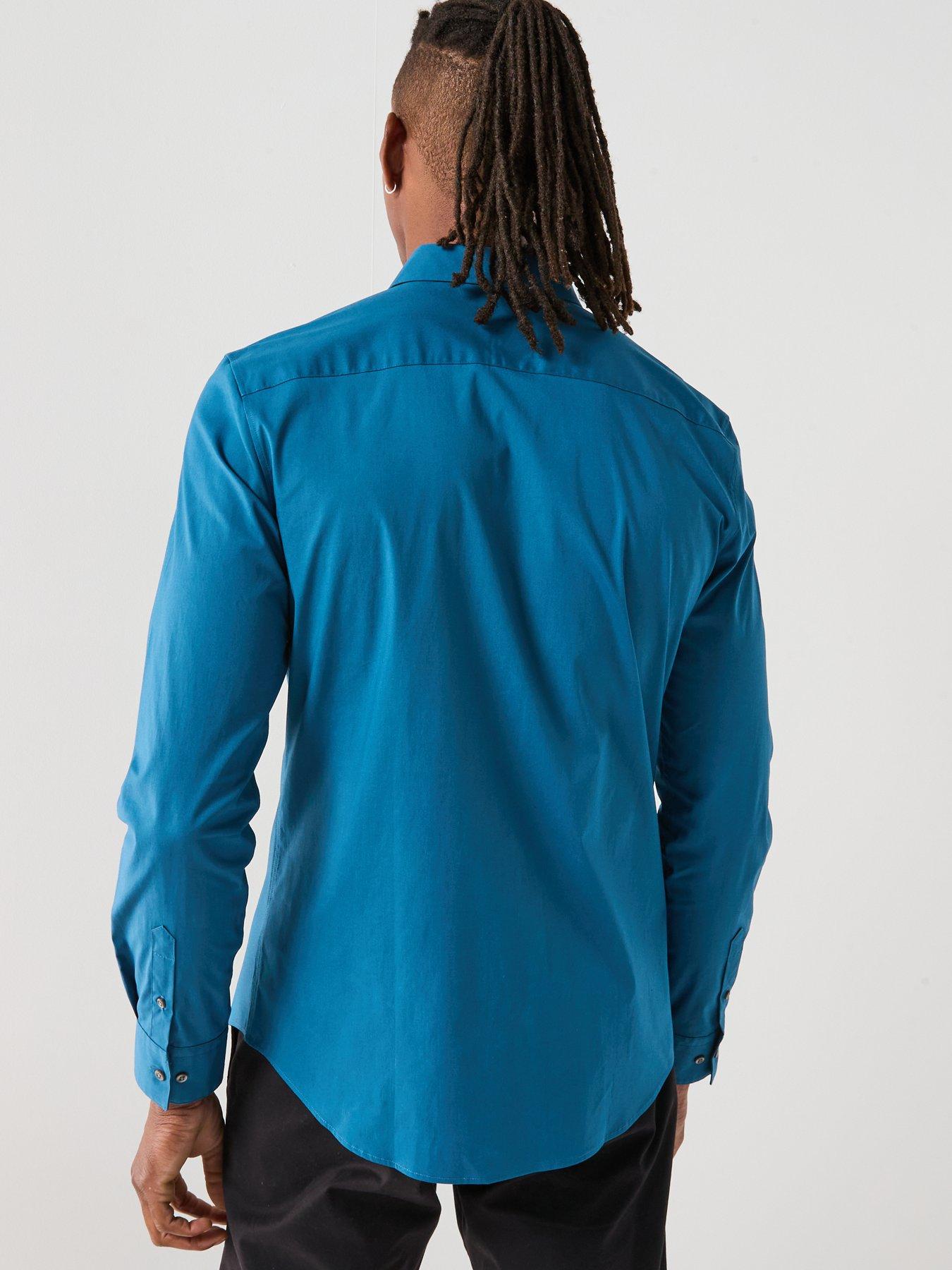 stillFront image of calvin-klein-long-sleeve-solid-stretch-slim-fit-shirt-blue