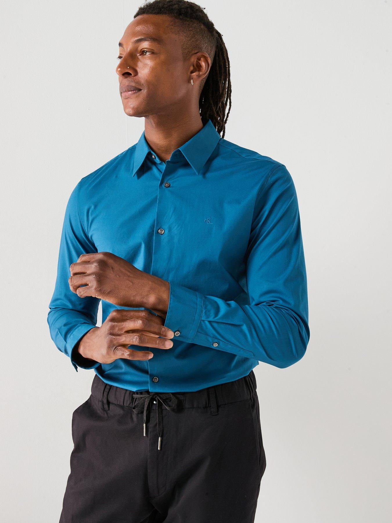  image of calvin-klein-long-sleeve-solid-stretch-slim-fit-shirt-blue
