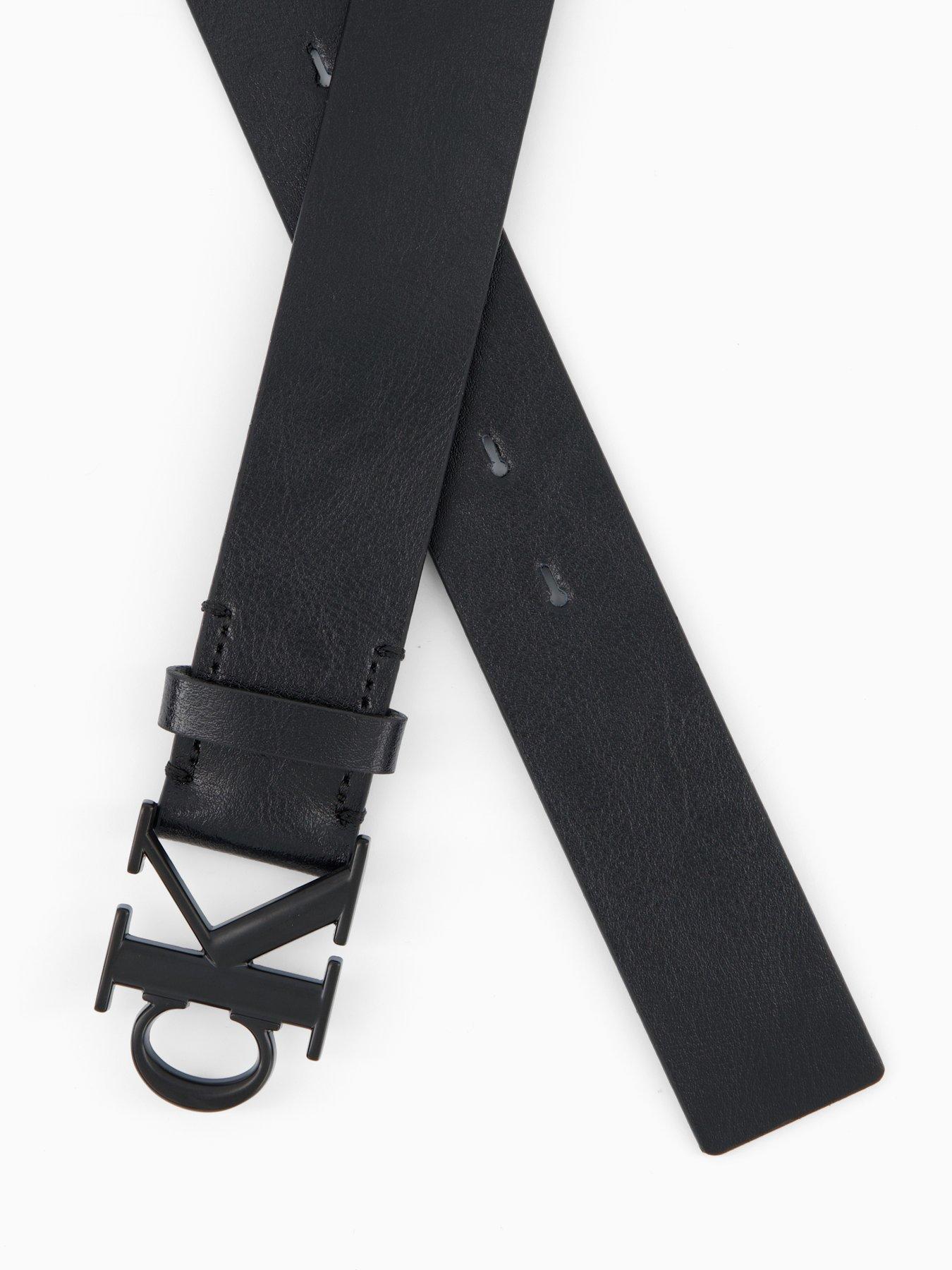 Image 4 of 4 of Calvin Klein Monogram Buckle Leather Belt - Black