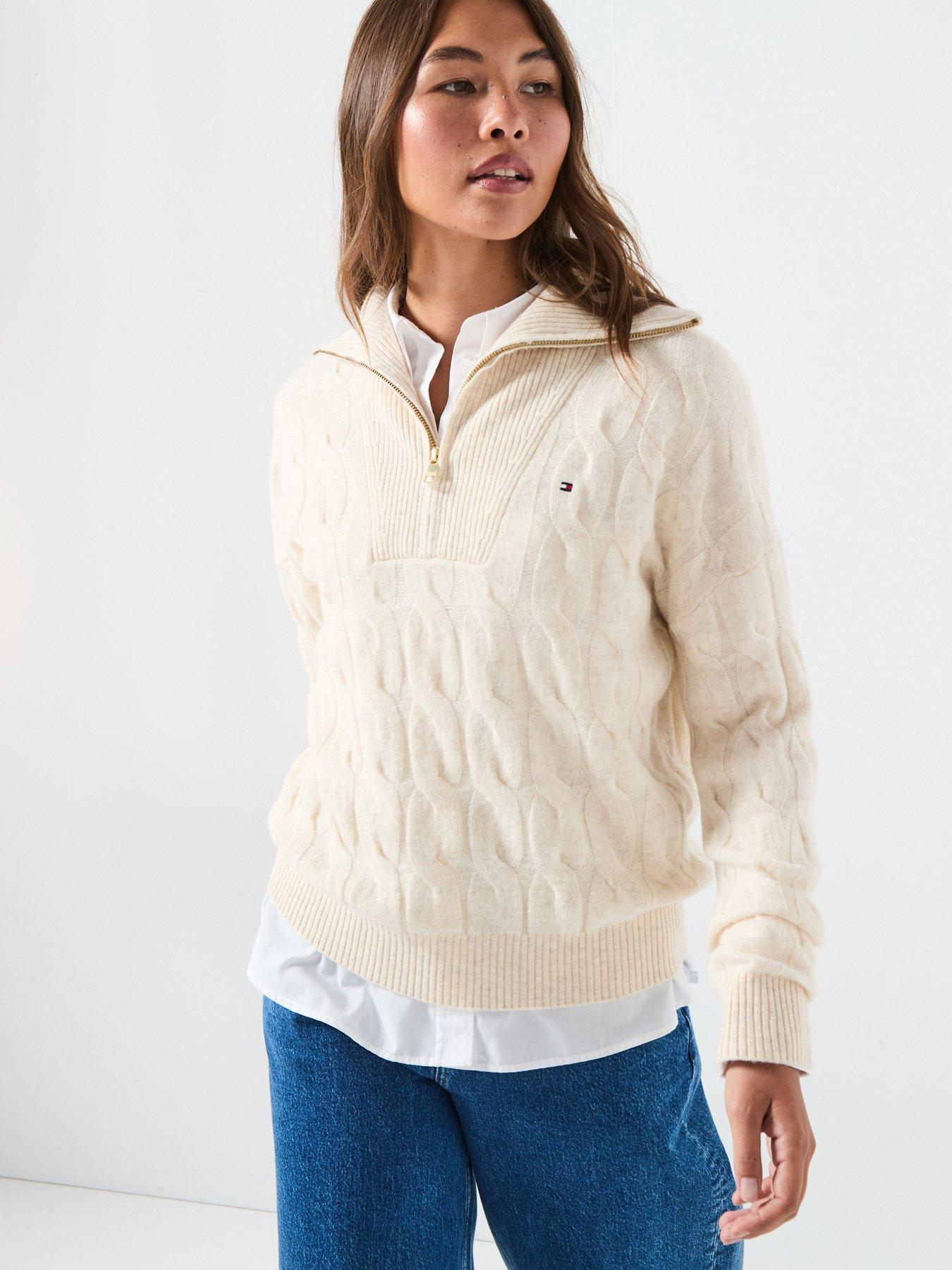 Image 1 of 6 of Tommy Hilfiger Wool Cable Half Zip Sweatshirt - Beige