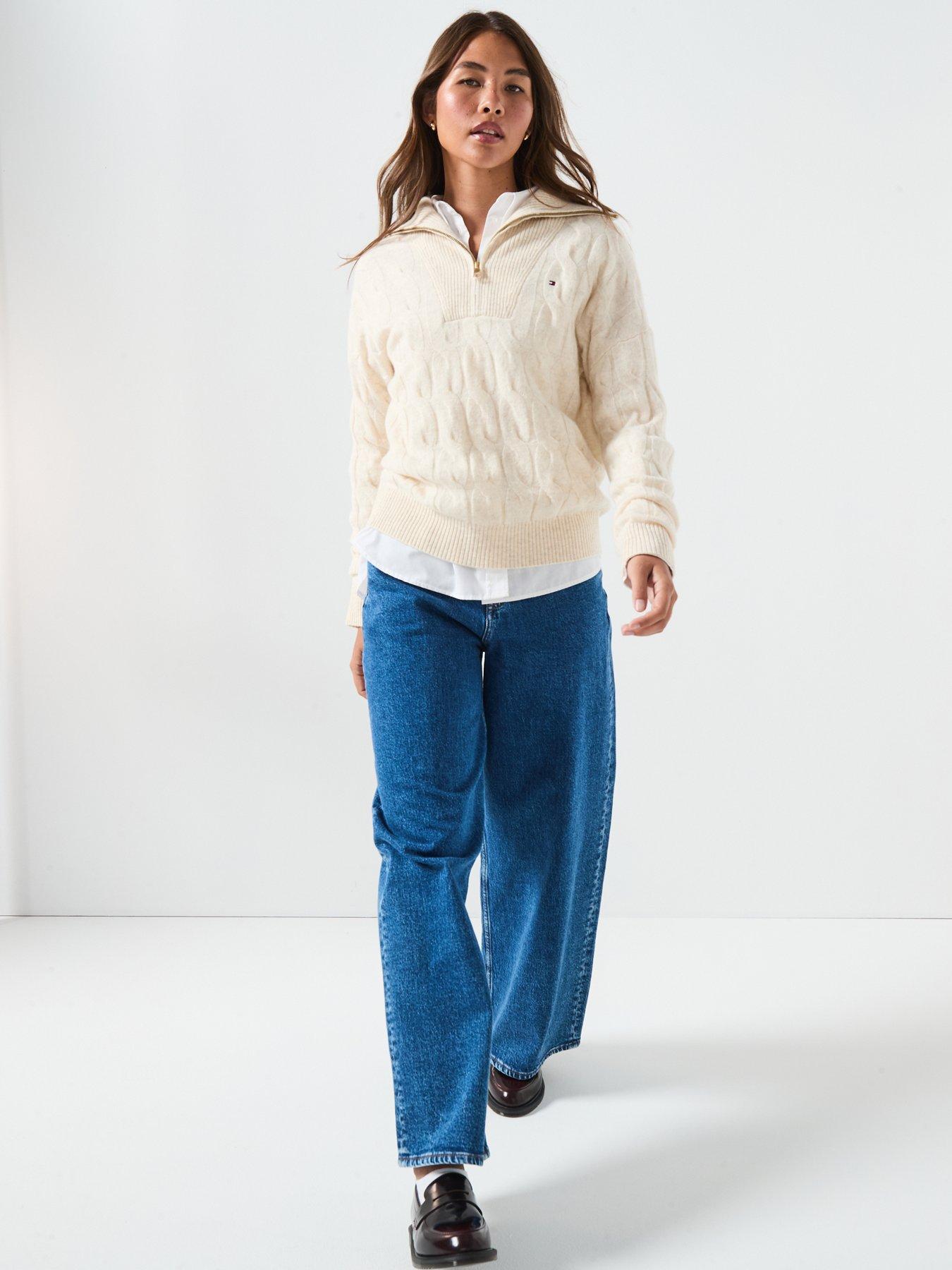 Image 3 of 6 of Tommy Hilfiger Wool Cable Half Zip Sweatshirt - Beige