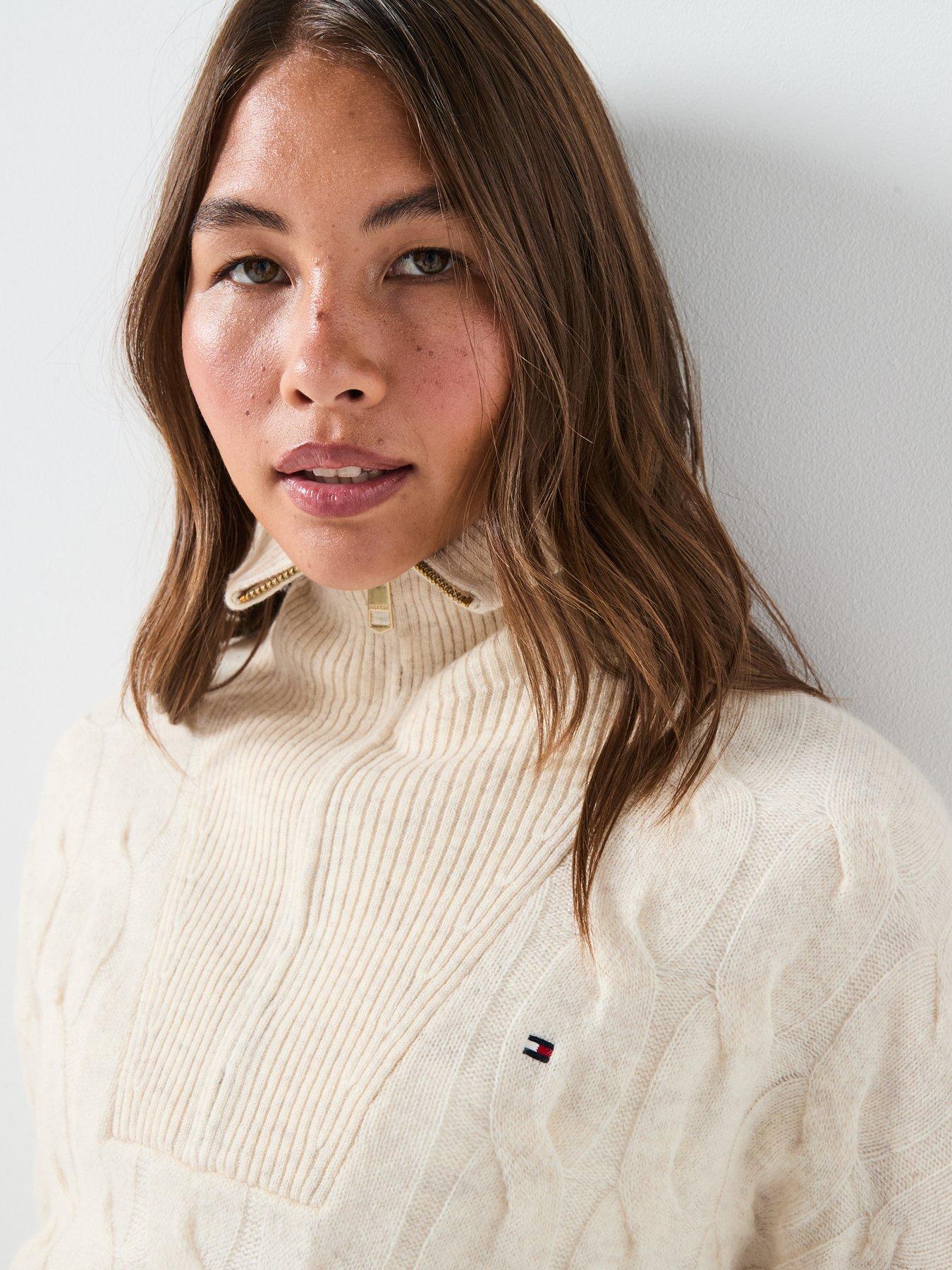 Image 4 of 6 of Tommy Hilfiger Wool Cable Half Zip Sweatshirt - Beige