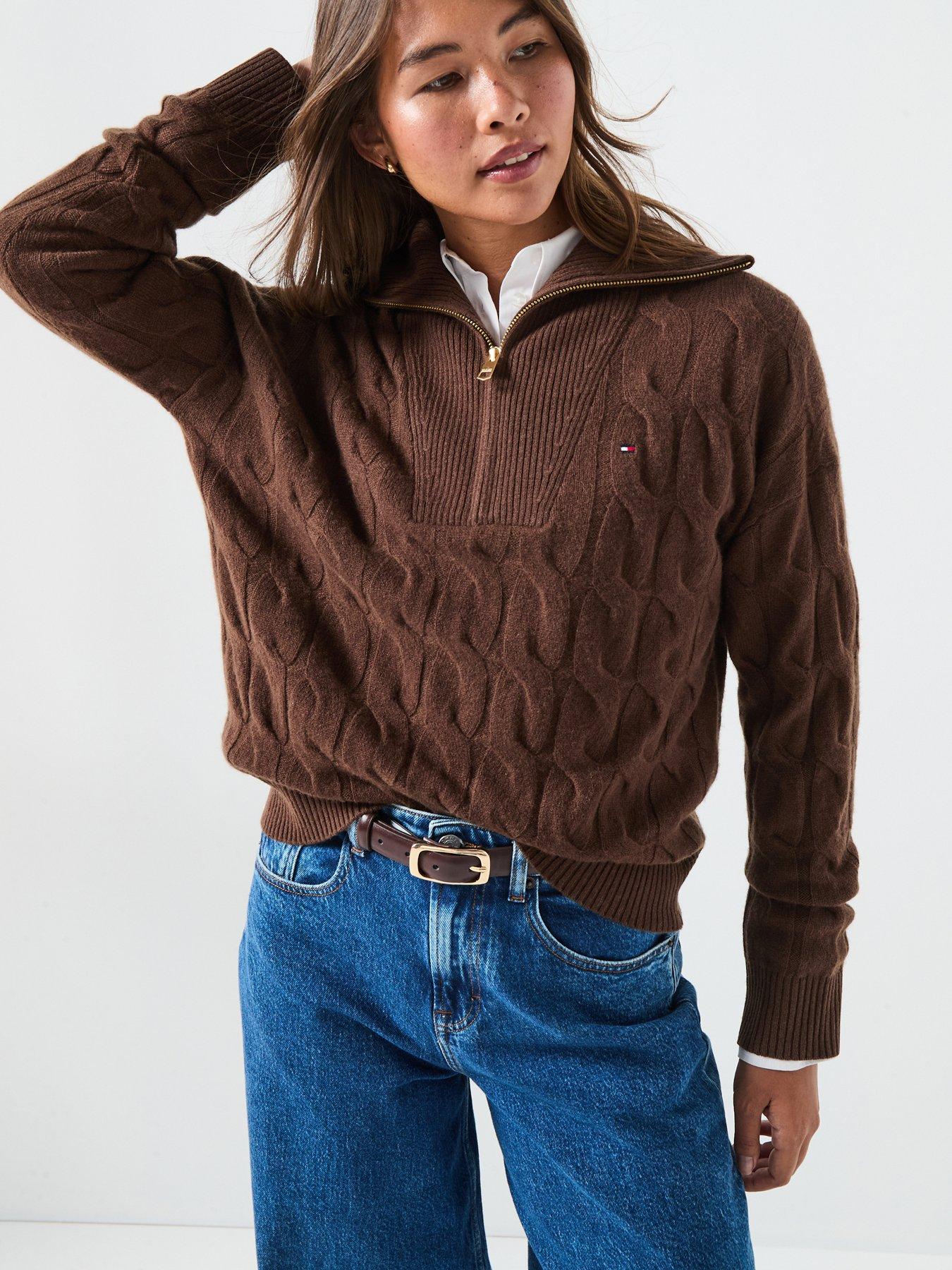 Tommy Hilfiger Wool Cable Half Zip Sweatshirt - Brown