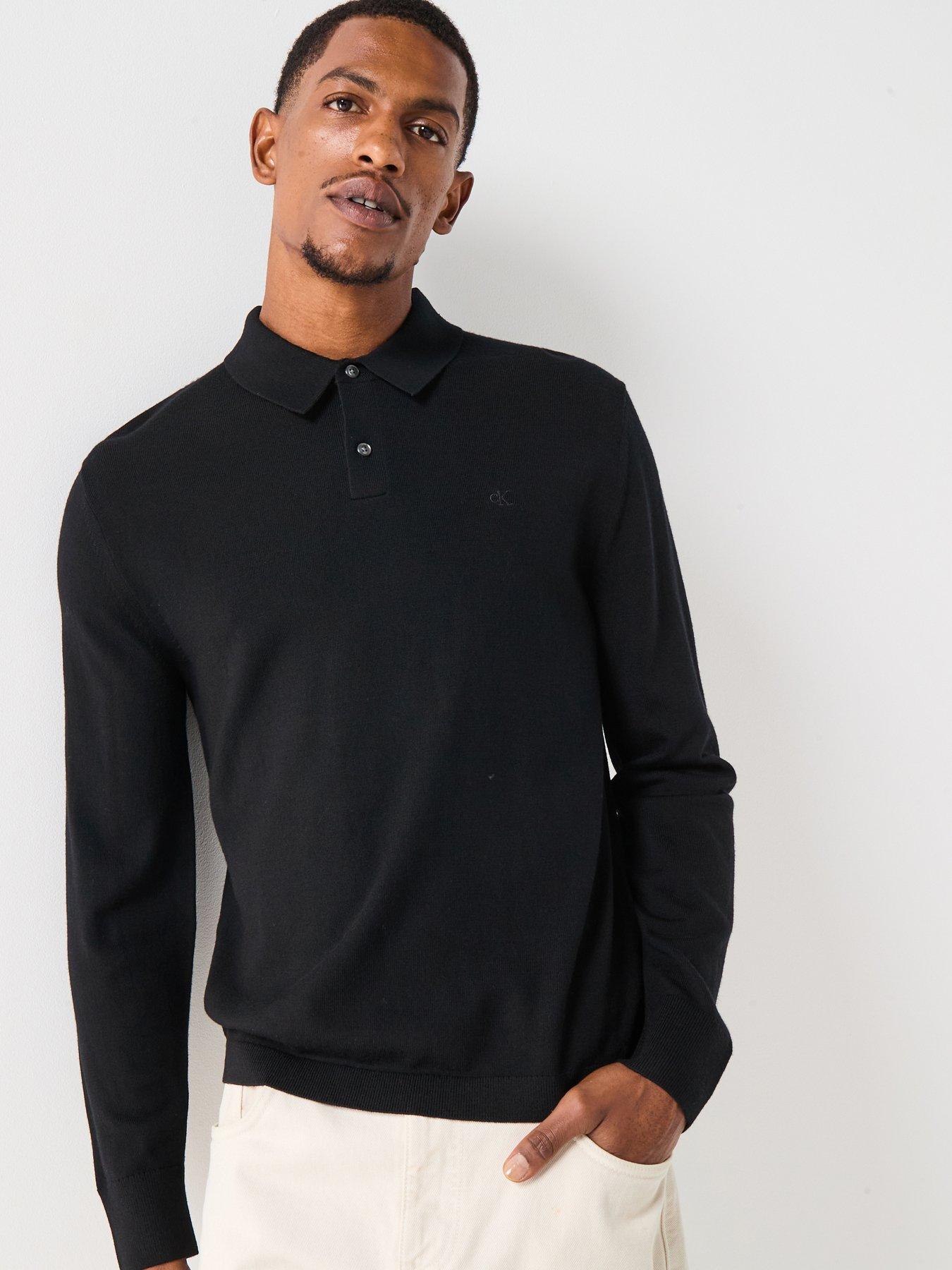 Calvin Klein Long Sleeve Merino Knitted Polo Top - Black