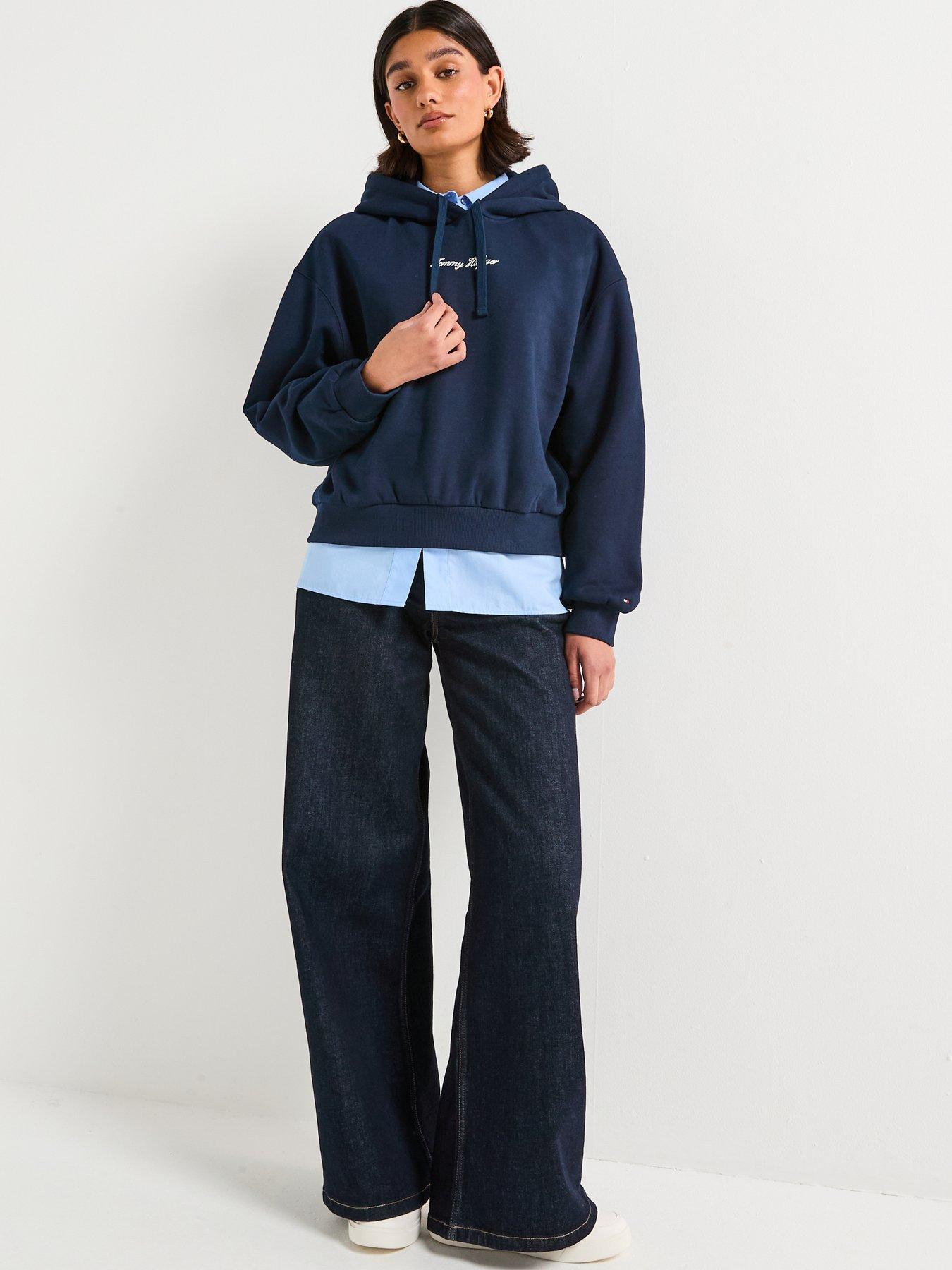  image of tommy-hilfiger-classic-script-fleece-hoodie-blue