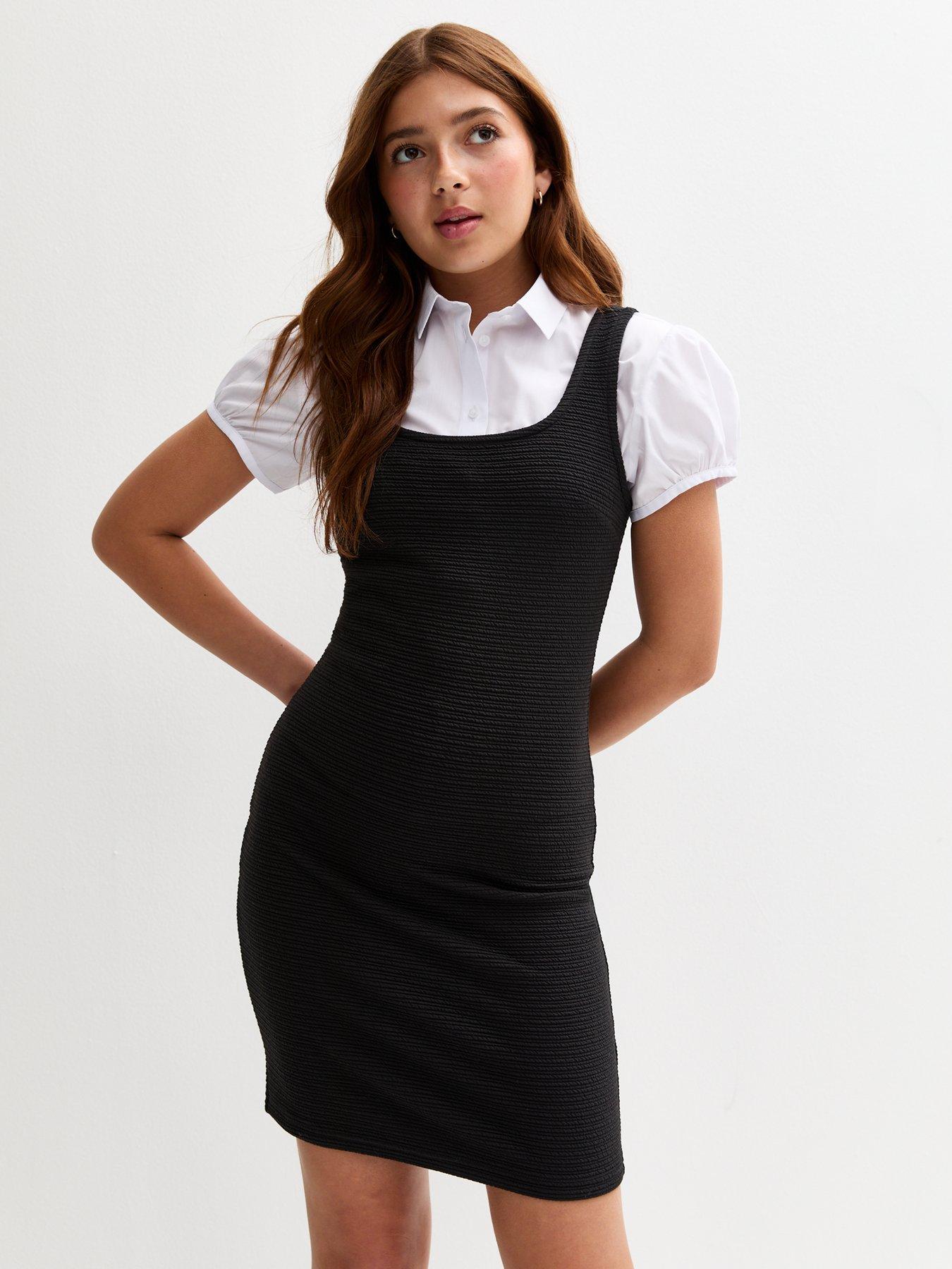 New Look 915 Girls Textured Jersey School Pinafore Dress - Black