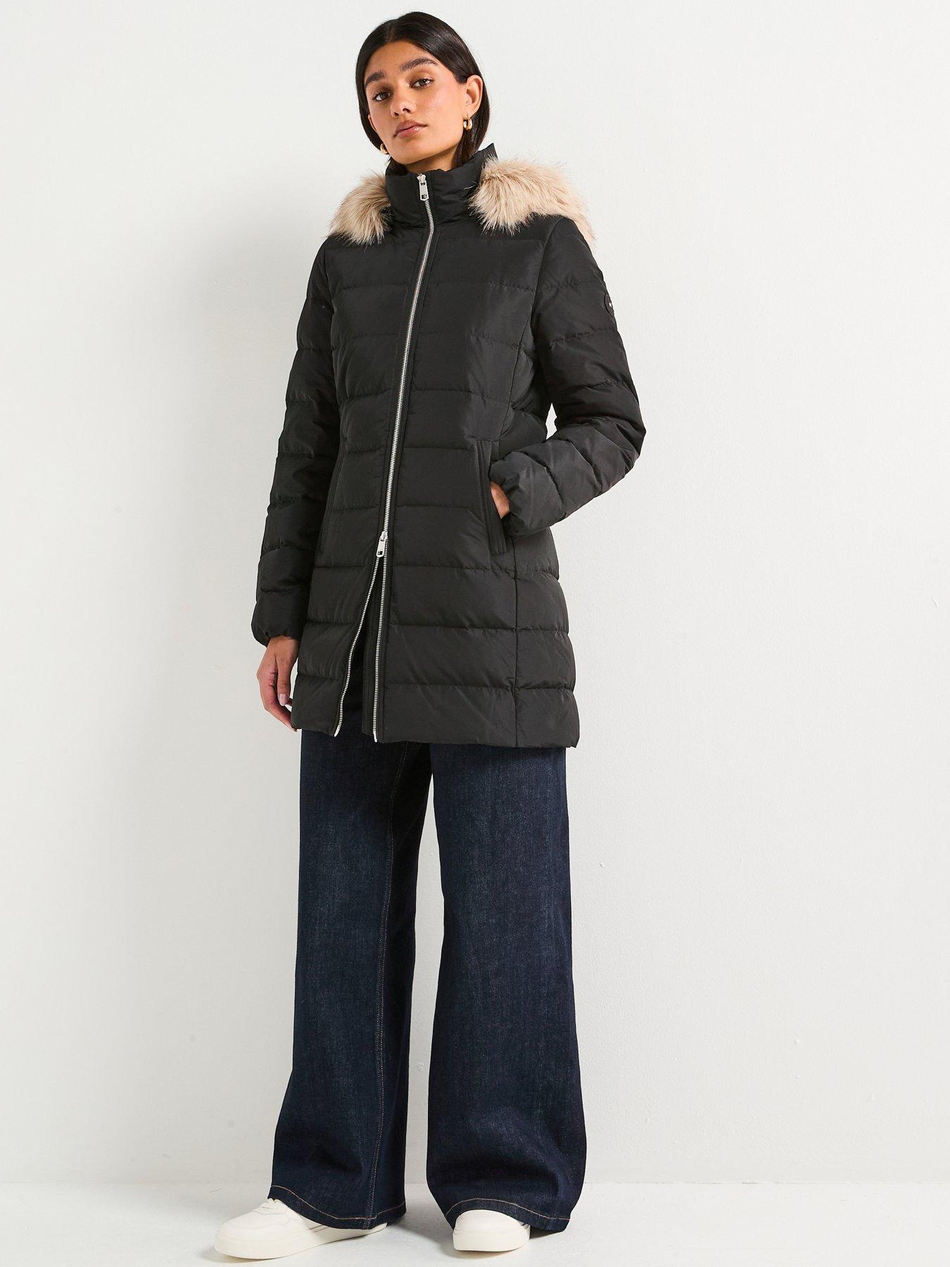 Tommy Hilfiger Mid Length Slim Puffer Coat With Fur Hood - Black