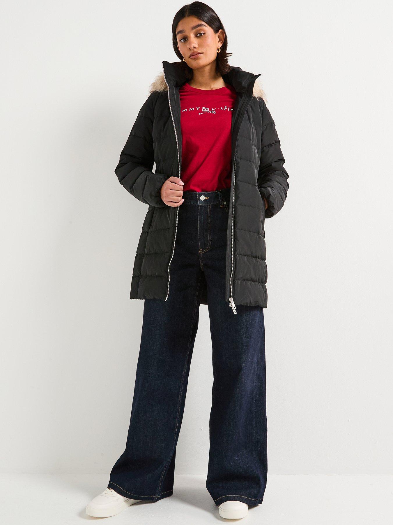  image of tommy-hilfiger-mid-length-slim-puffer-coat-with-fur-hood-black