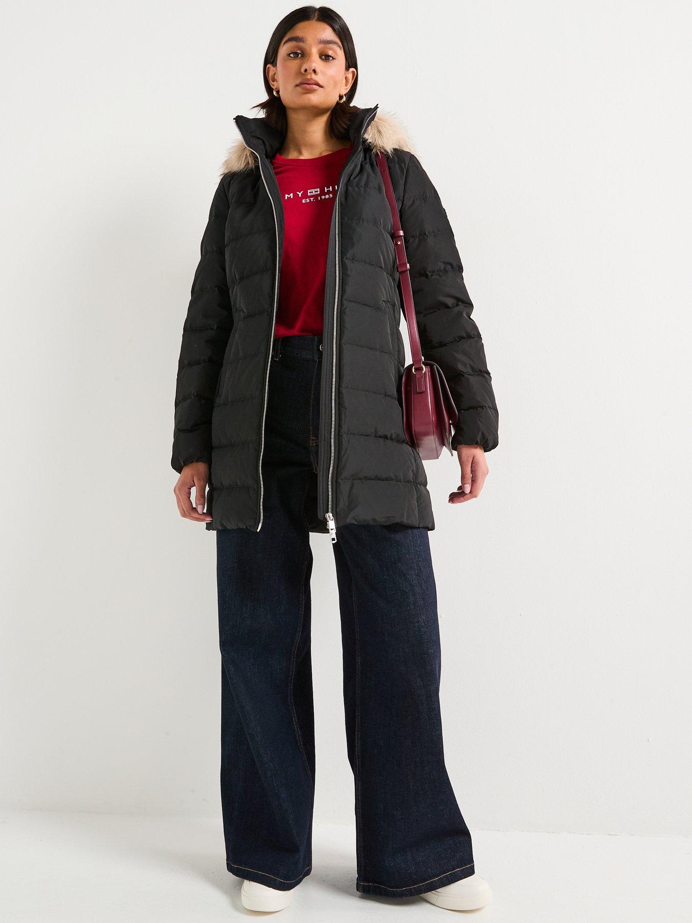  image of tommy-hilfiger-mid-length-slim-puffer-coat-with-fur-hood-black