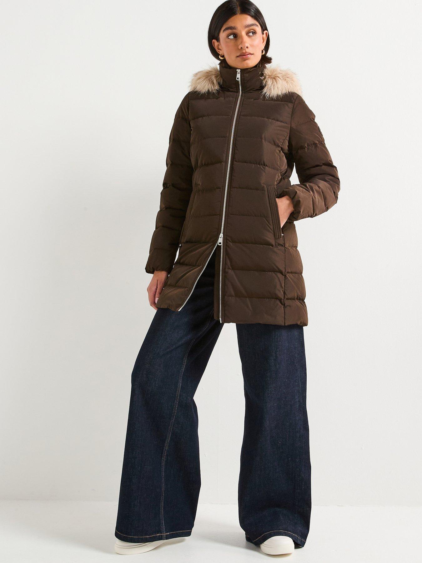 Tommy Hilfiger Mid Length Puffer Slim Coat With Fur Hood - Brown