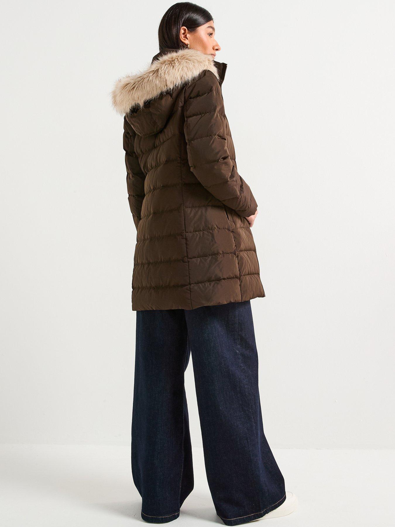  image of tommy-hilfiger-mid-length-puffer-slim-coat-with-fur-hood-brown