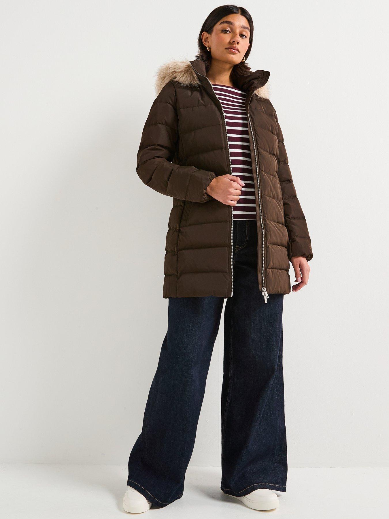  image of tommy-hilfiger-mid-length-puffer-slim-coat-with-fur-hood-brown