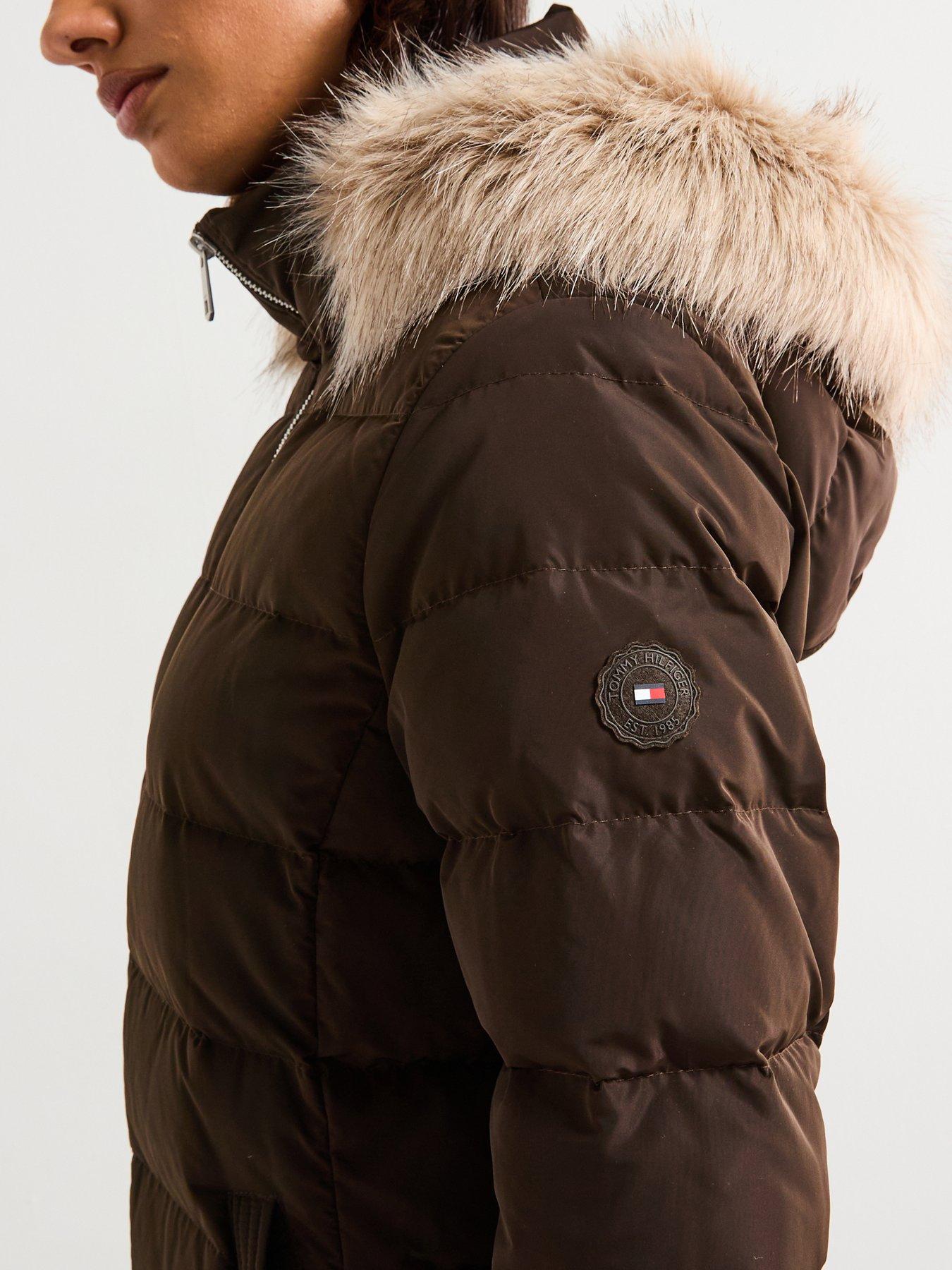  image of tommy-hilfiger-mid-length-puffer-slim-coat-with-fur-hood-brown