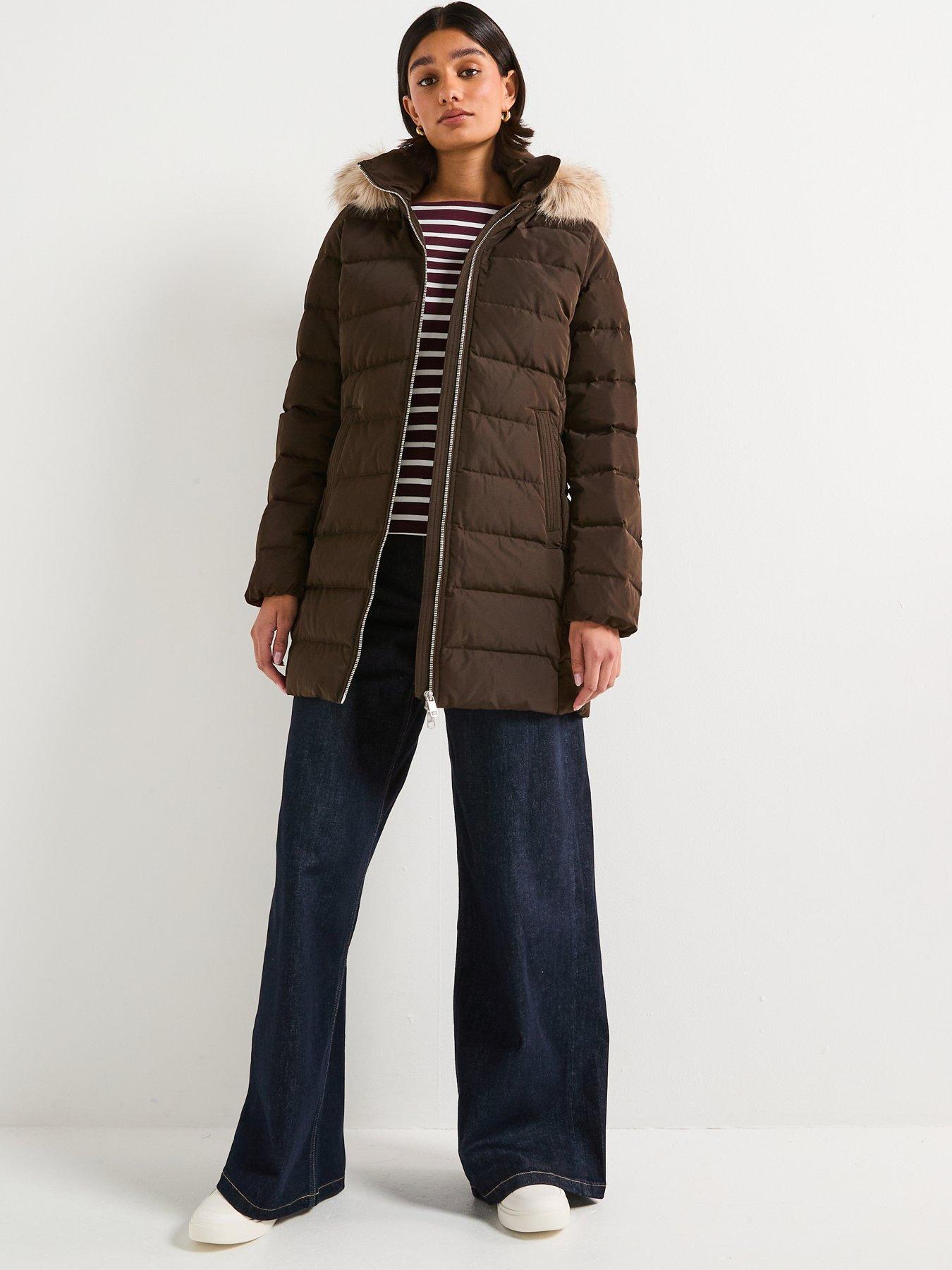  image of tommy-hilfiger-mid-length-puffer-slim-coat-with-fur-hood-brown