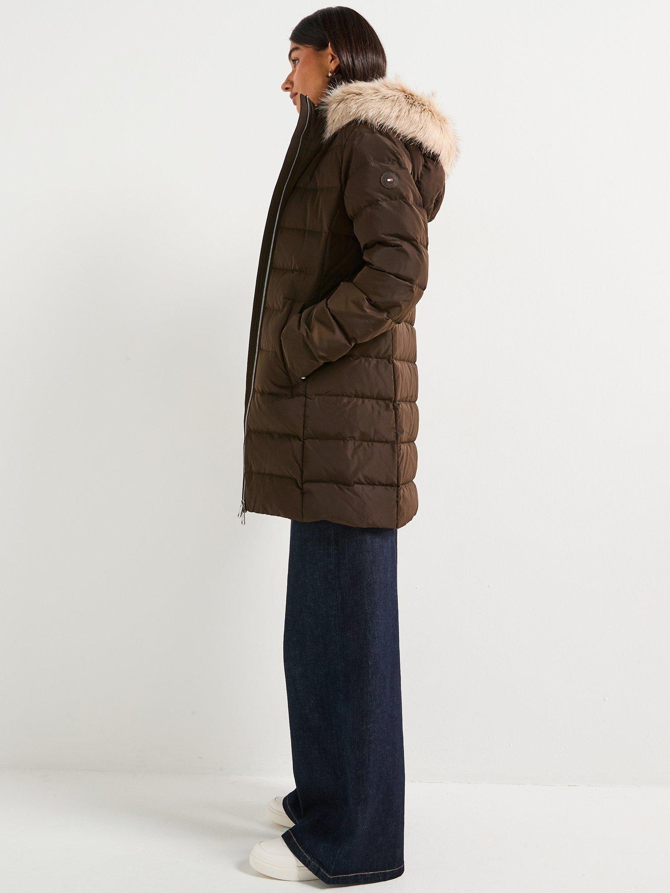  image of tommy-hilfiger-mid-length-puffer-slim-coat-with-fur-hood-brown
