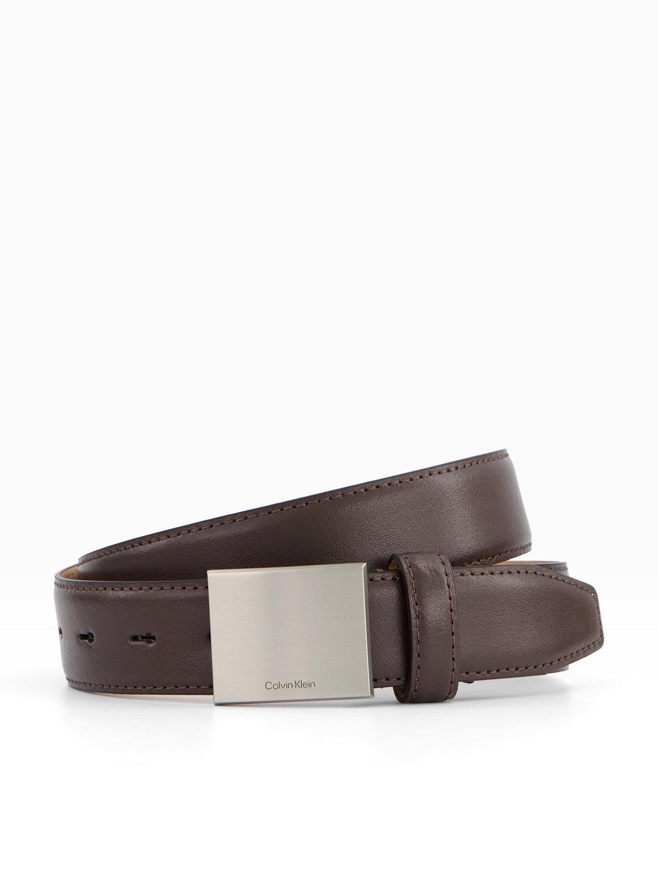 Image 1 of 4 of Calvin Klein Plaque Buckle Leather Belt - Brown