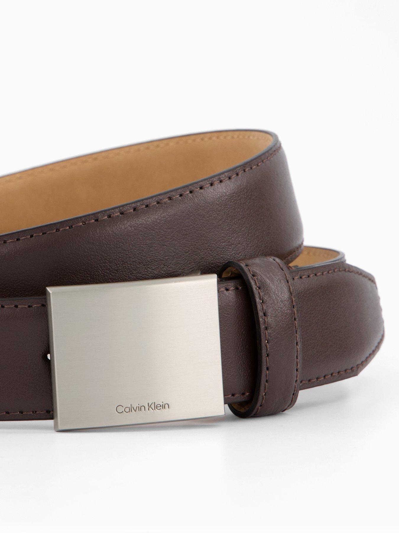 Image 2 of 4 of Calvin Klein Plaque Buckle Leather Belt - Brown
