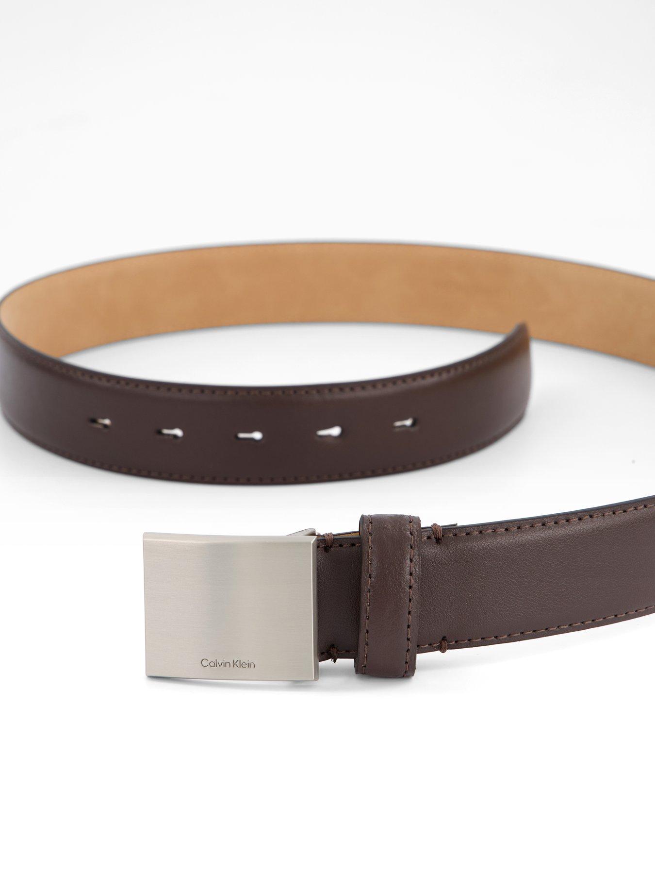 Image 3 of 4 of Calvin Klein Plaque Buckle Leather Belt - Brown