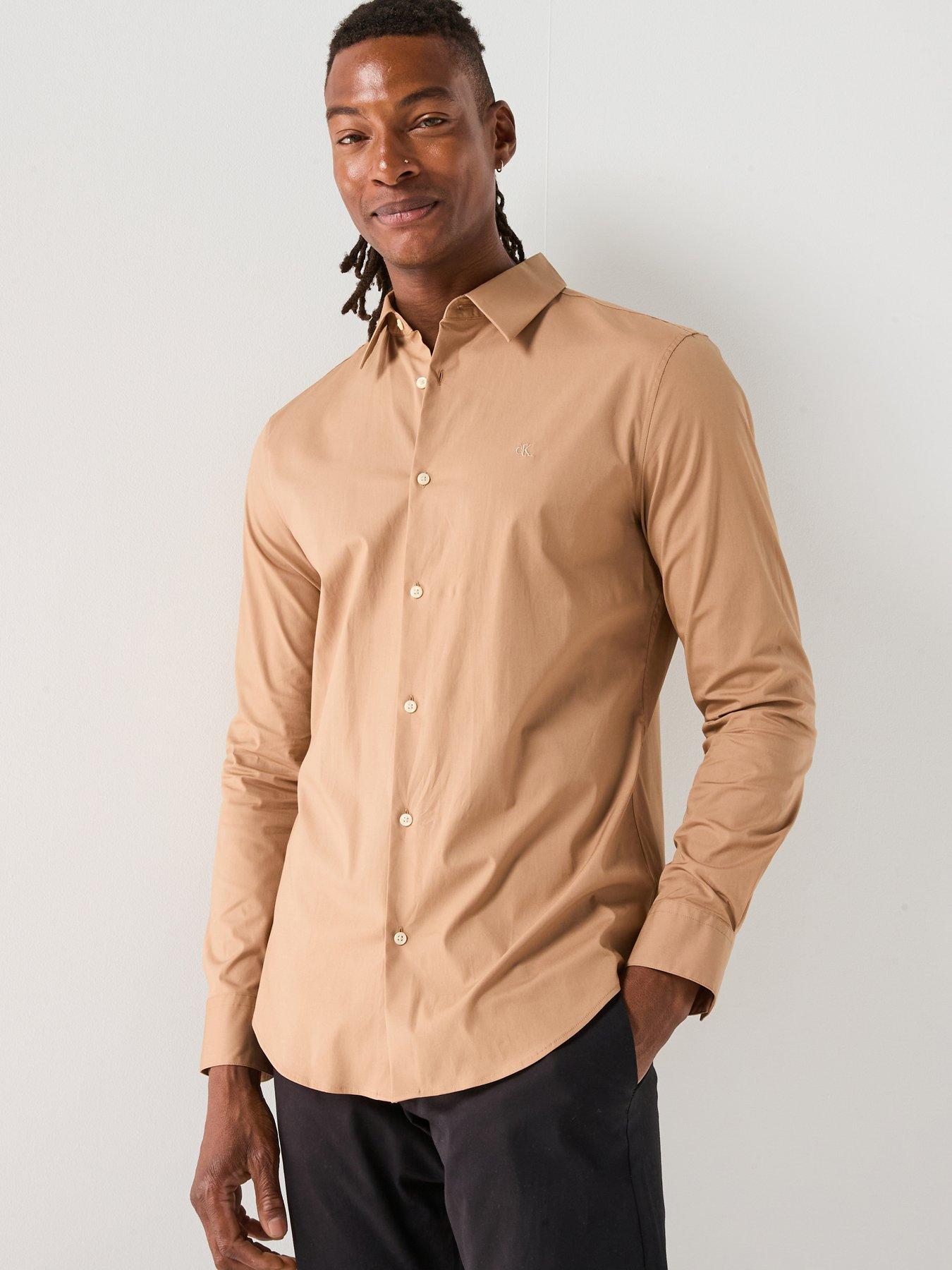 undefined Long Sleeve Solid Stretch Slim Fit Shirt - Light Brown