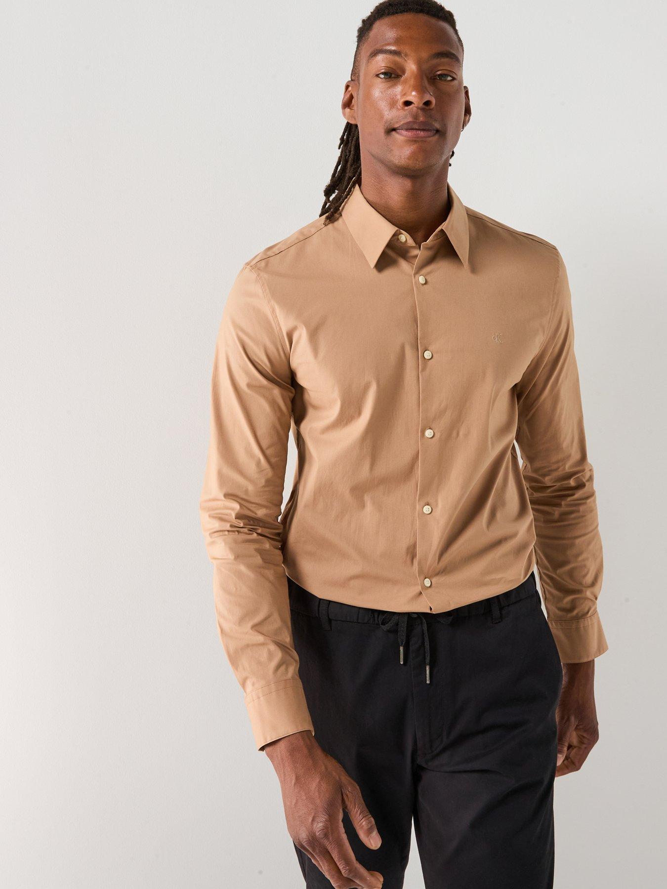 Image 5 of 5 of Calvin Klein Long Sleeve Solid Stretch Slim Fit Shirt - Light Brown