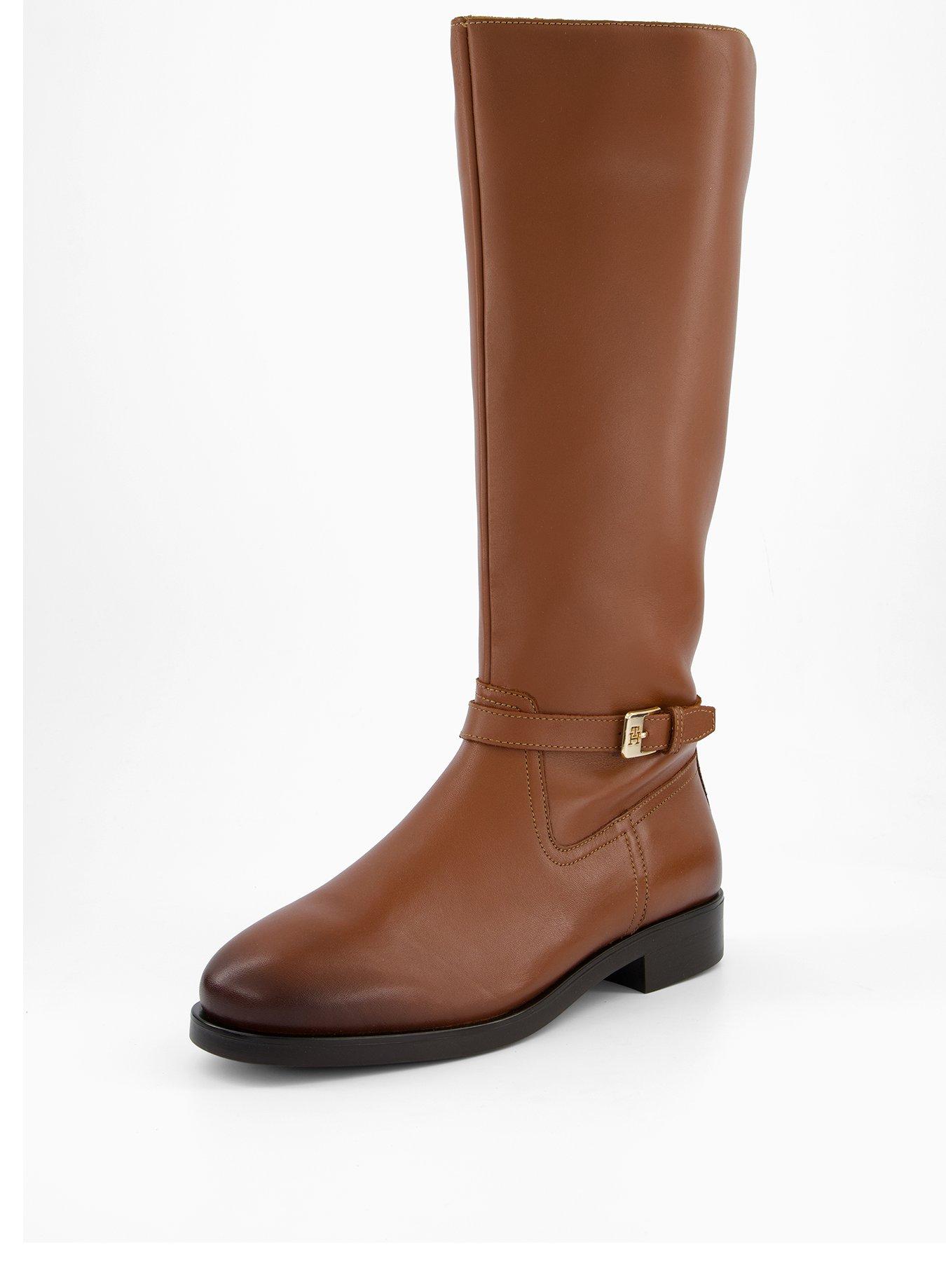  image of tommy-hilfiger-buckle-detail-leather-long-boot-brown