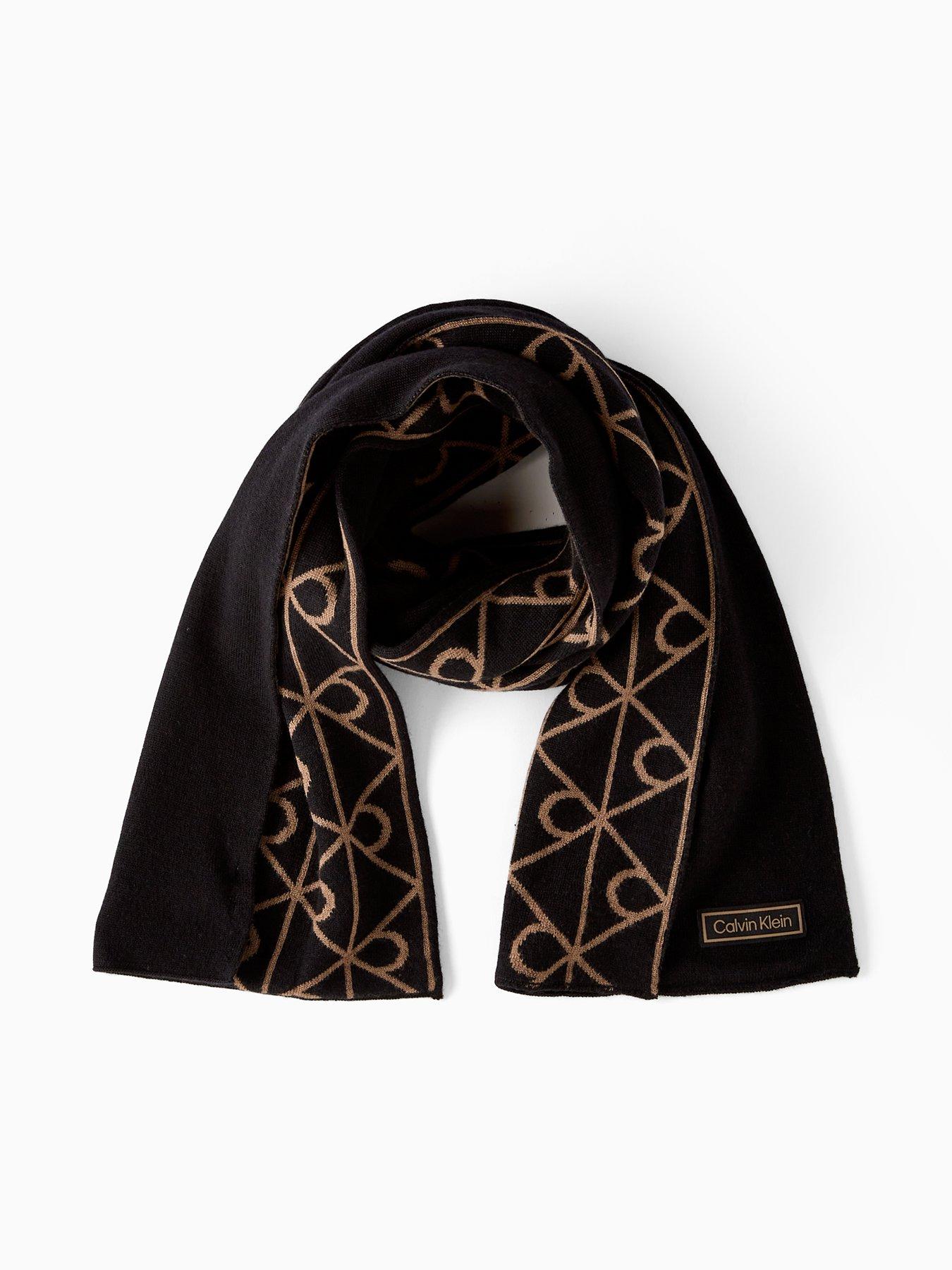 Calvin Klein Embellished Reversible Wool Scarf - Black/ Beige