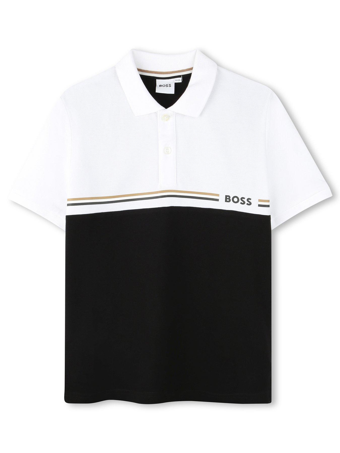 front image of boss-boys-colour-block-short-sleeve-polo-shirt-black