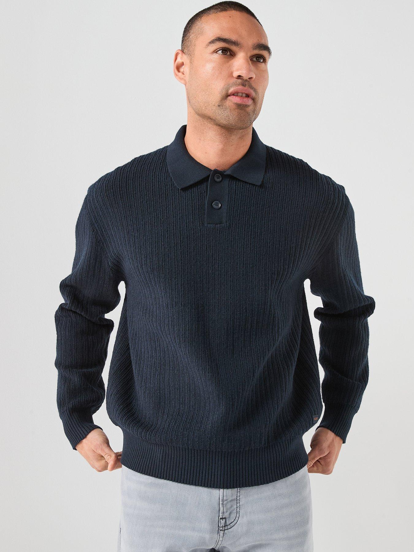 BOSS Kotorpolo Ribbed 1/4 Button Knitted Jumper - Navy