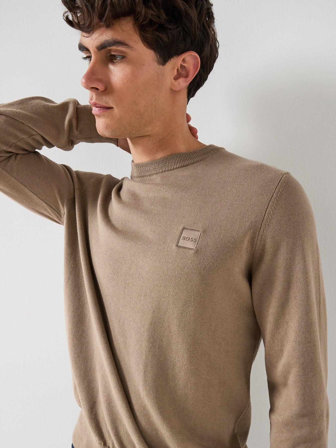  image of boss-kanovano-regular-fit-knitted-jumper-dark-beige
