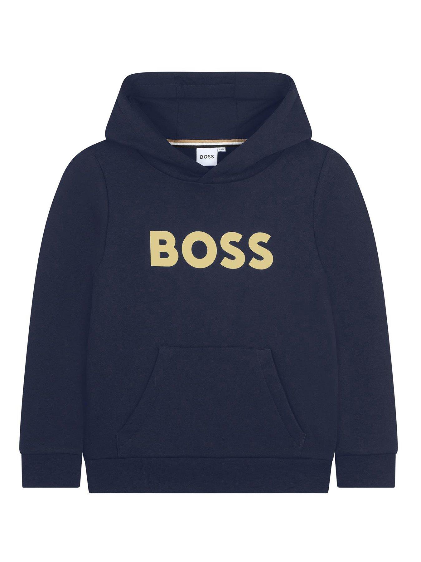 front image of boss-boys-large-logo-hoodie-navy